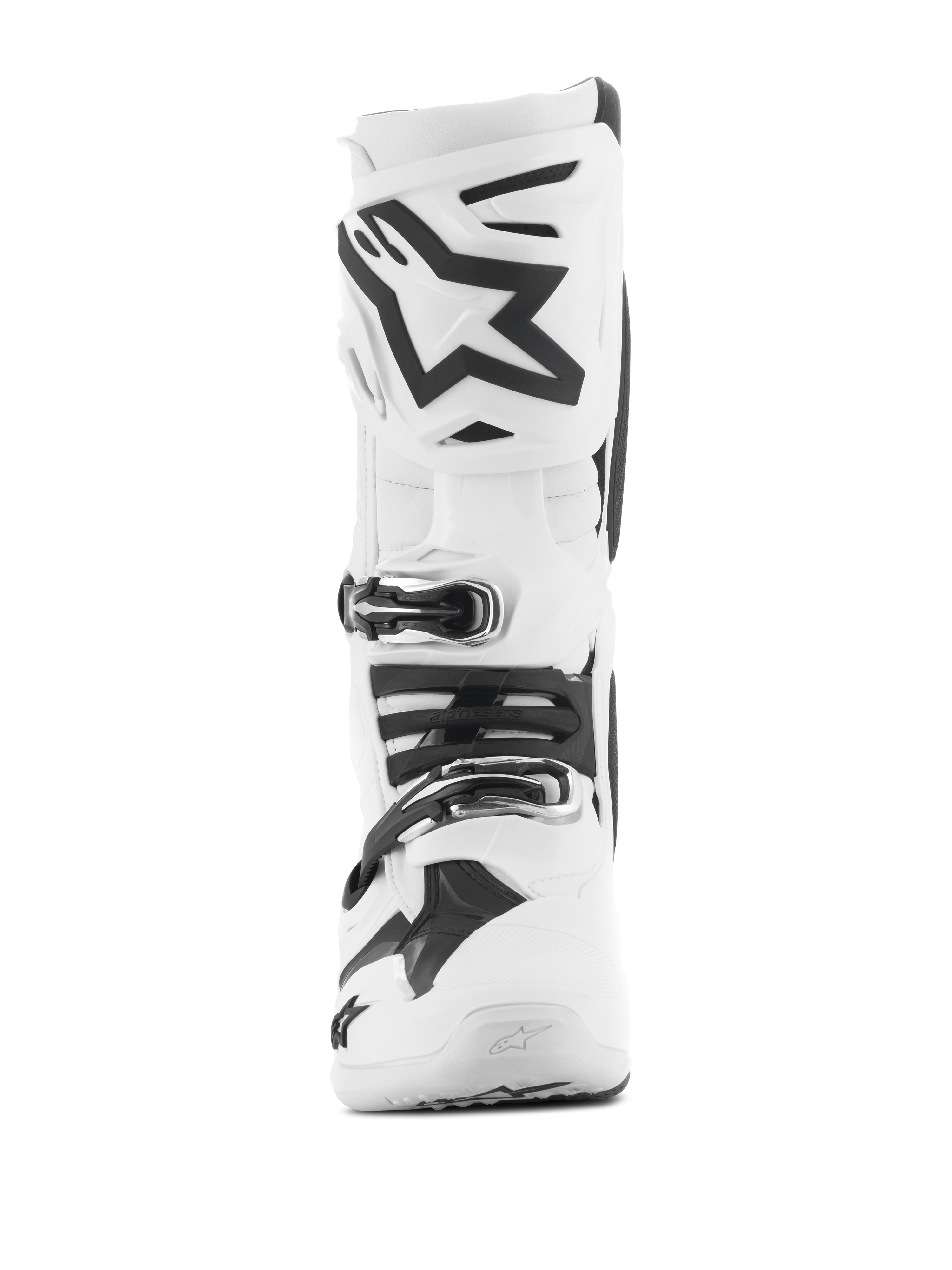 Alpinestars Tech 10 Boots, White Motocross Boots, frontal view featuring a black Astars logo on the shin plate, multiple buckle closure system, and streamlined protective design for off-road racing