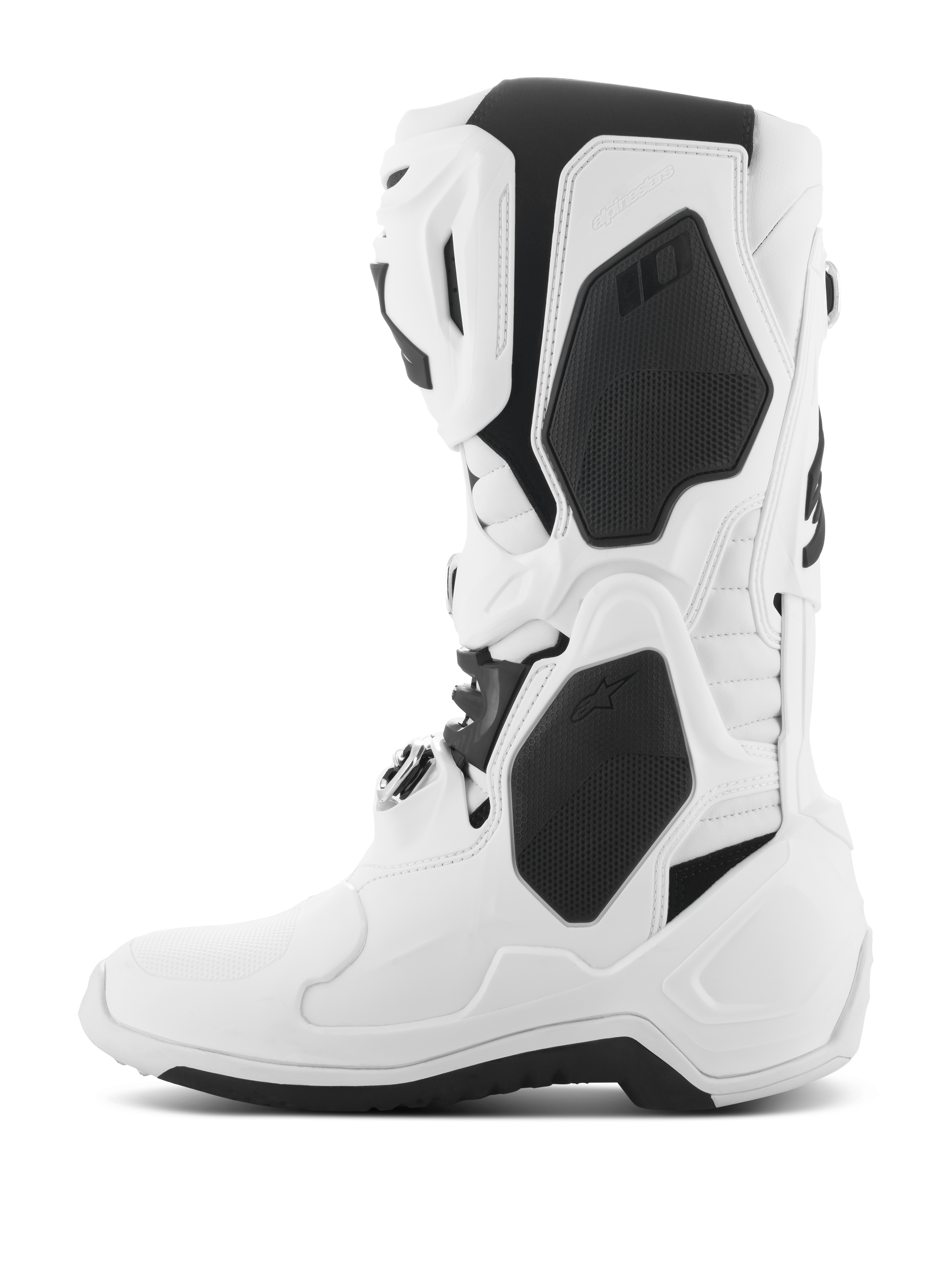Alpinestars Tech 10 Boots, Motocross Boots, White with Black accents, side profile view showing protective TPU shells, buckle closure system, and high-performance streamlined design for off-road racing.