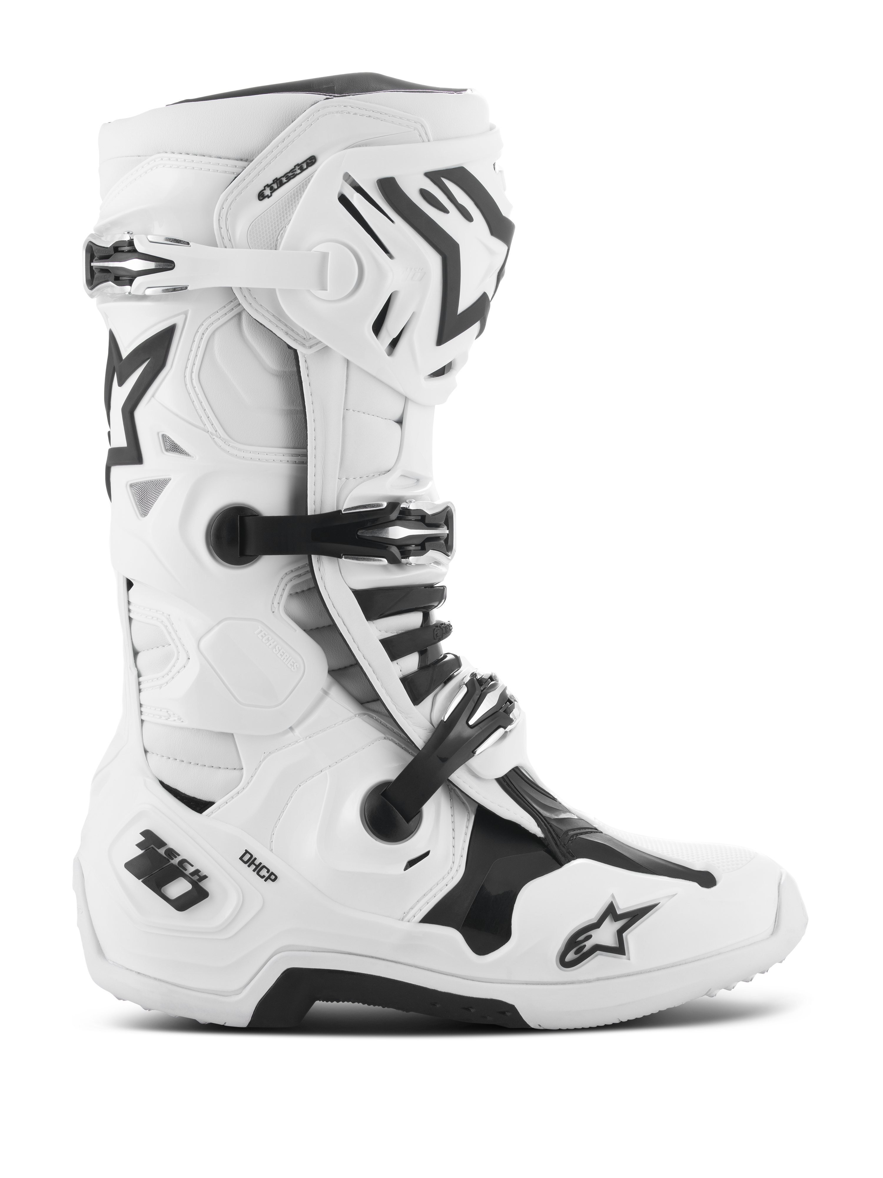 Alpinestars Tech 10 Boots, Motocross Racing Boots, White and Black, triple buckle closure system, reinforced TPU shell with 'Tech 10' and 'DHCP' branding, thick rugged sole, CE certified protective footwear for off-road racing