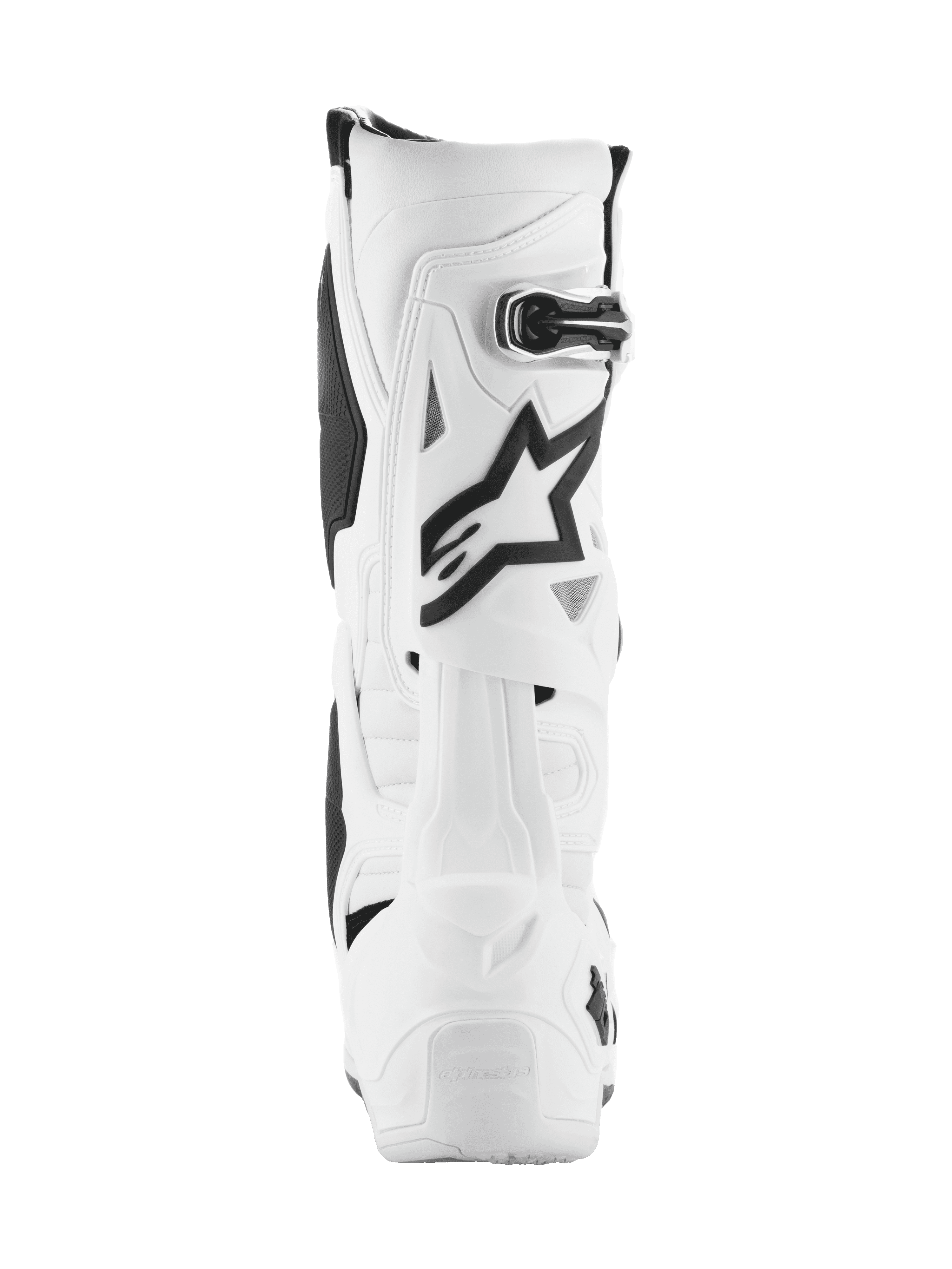 Alpinestars Tech 10 Boots, Motocross Boots, White with black accents, rear view featuring the black Astar logo and buckle closure, advanced protective design for off-road racing