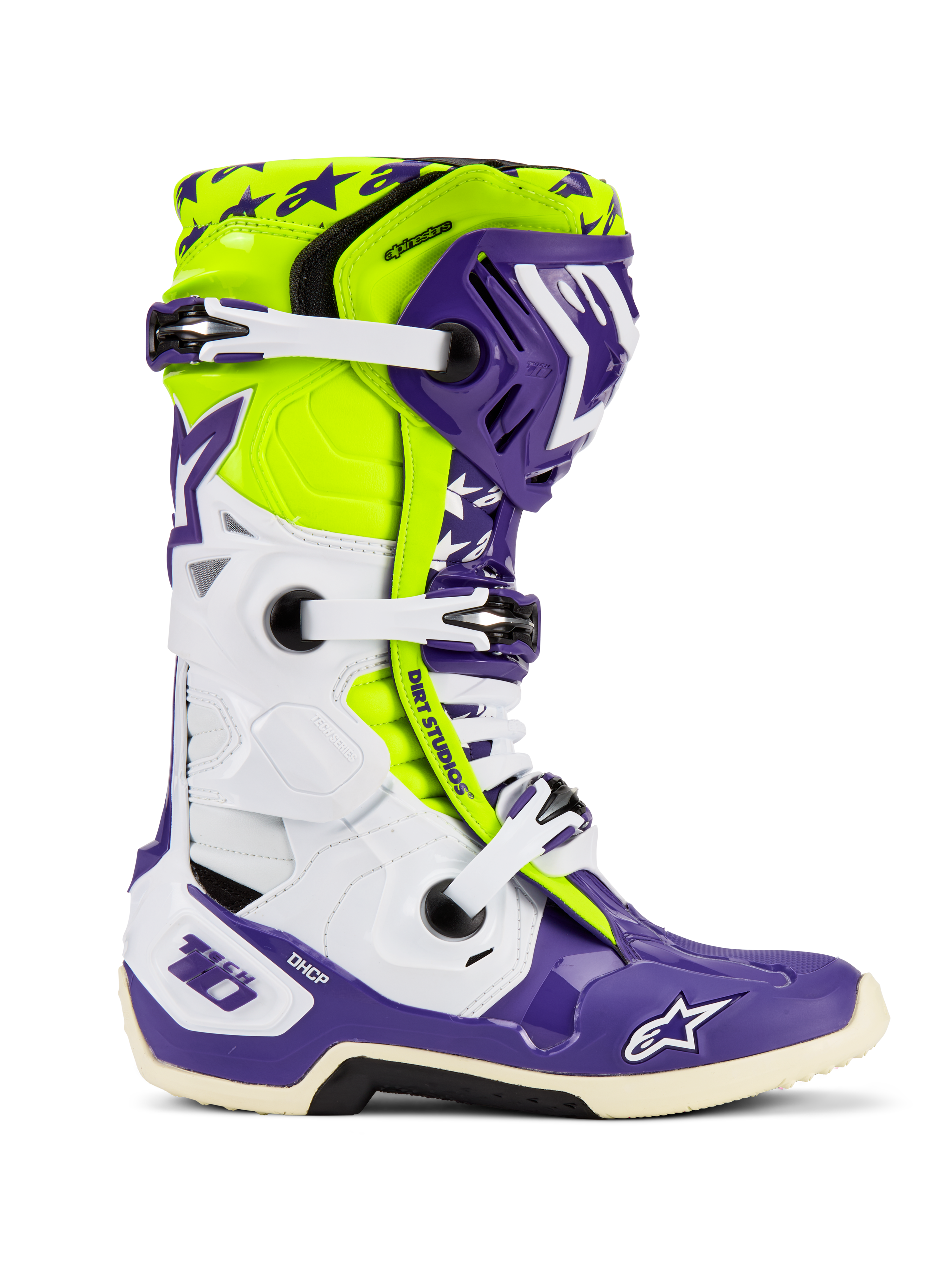 Alpinestars Tech 10 Dirt Studios® LE Boots, Motocross Boots, Purple White and Yellow Fluo, side profile featuring white adjustable buckles, star pattern graphics, protective TPU components, and rugged sole for off-road performance