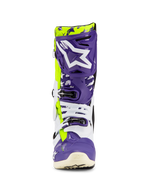 Alpinestars Tech 10 Dirt Studios® LE Boots, Motocross Boots, Purple White and Yellow Fluo, front view featuring a large white logo on a purple shin plate, multi-buckle closure system, and durable protective shell for off-road racing