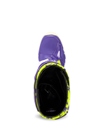 Alpinestars Tech 10 Dirt Studios® LE Boots, top-down view looking into the ankle opening, purple shell with fluo yellow patterns, black interior lining, high-performance motocross footwear.