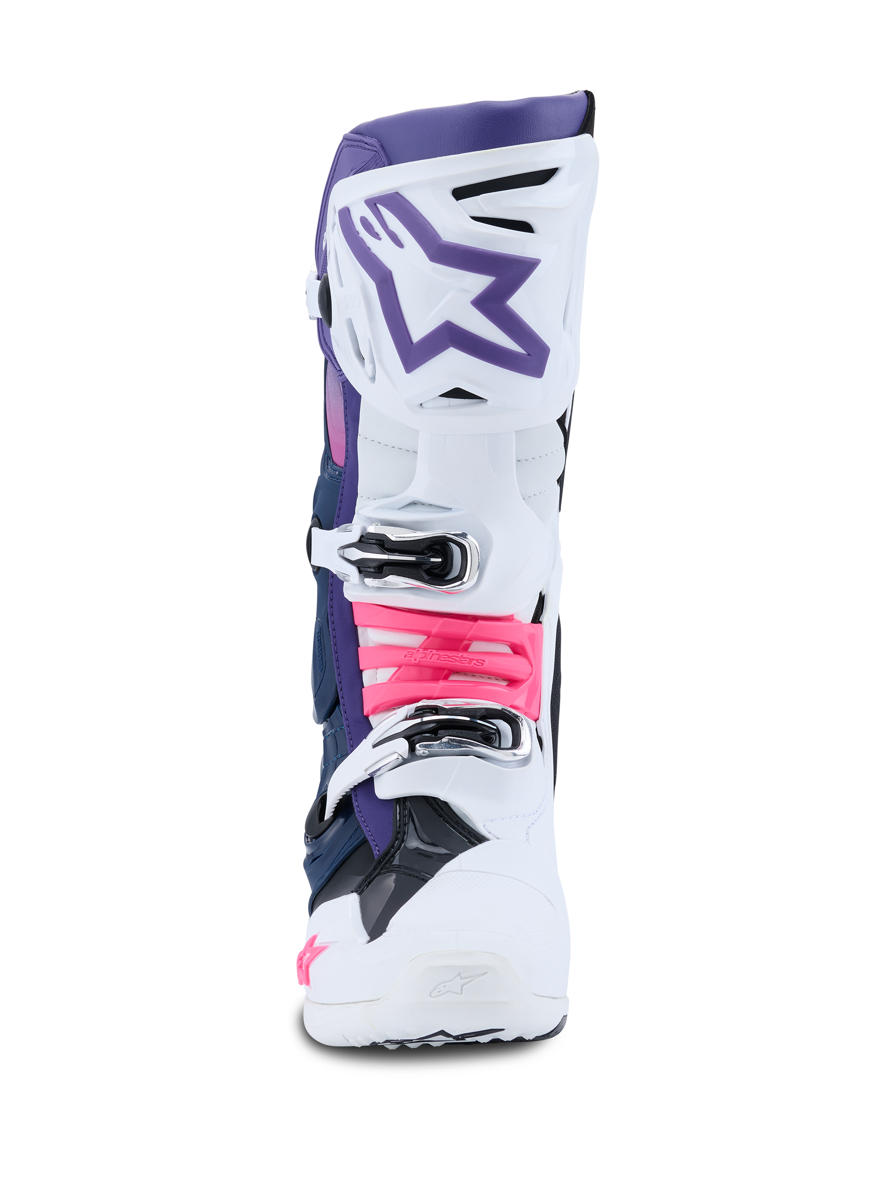 Alpinestars Tech 10 Boots, Motocross Boots, White Violet Navy Blue and Pink Fluo, front view, featuring a white protective shell with a violet top section, purple star logo, and bright pink buckle accents, professional-grade off-road footwear