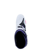 Alpinestars Tech 10 Boots, Motocross Boots, White Violet Navy Blue and Pink Fluo, top-down view looking into the purple interior, white exterior with black and pink accents, professional-grade off-road racing footwear