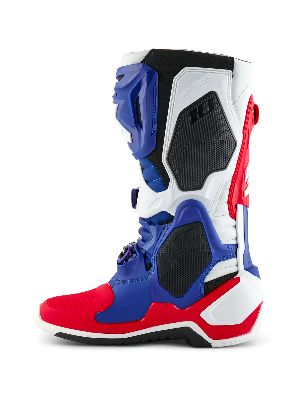 Alpinestars Limited Edition Fortitude Tech 10 Boot, Motocross Boot, Bright Red White and Blue, lateral profile view featuring a multi-paneled TPU chassis, black protective honeycomb inserts, and Alpinestars branding, professional-grade off-road racing footwear