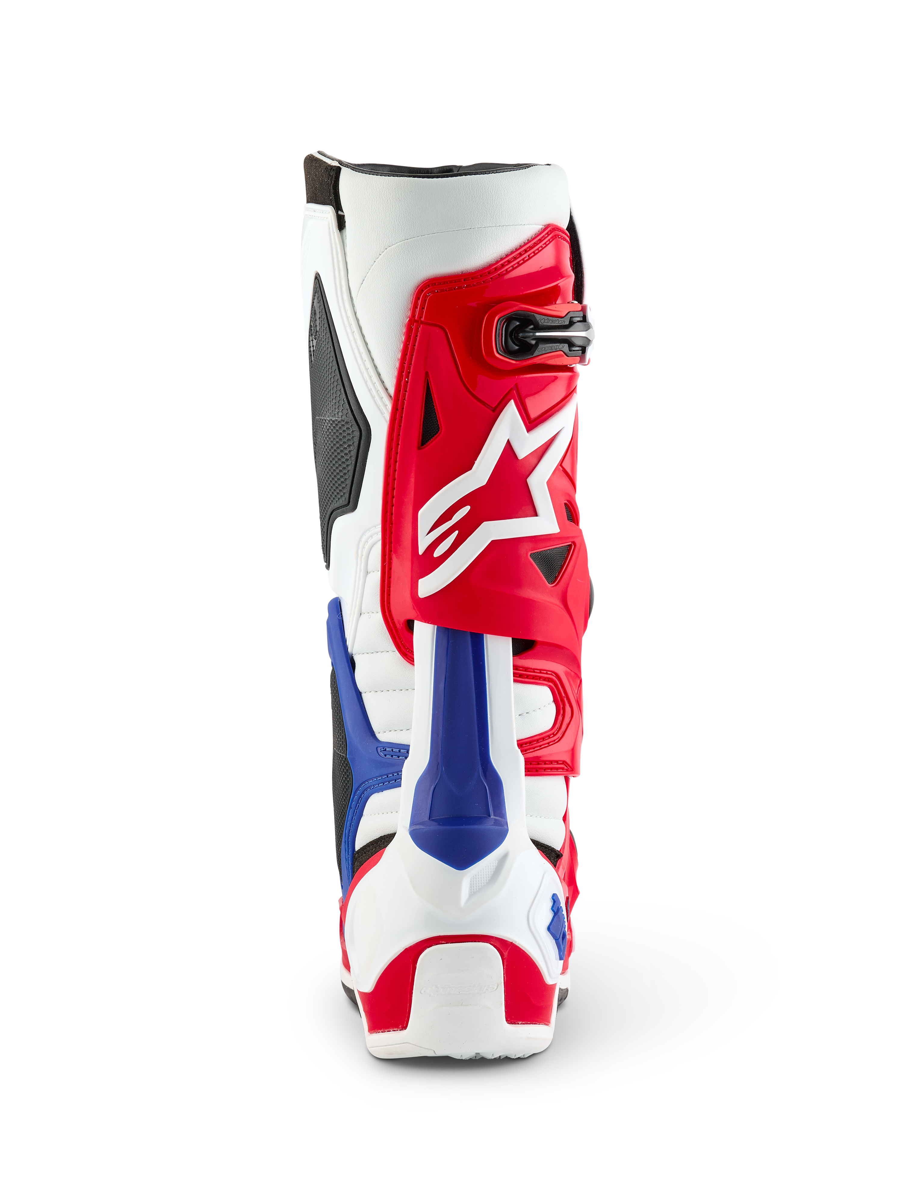 Alpinestars Limited Edition Fortitude Tech 10 Boot, Rear view, Red White and Blue patriotic colorway, featuring a bold red upper with white star logo and blue heel protector, professional motocross performance footwear