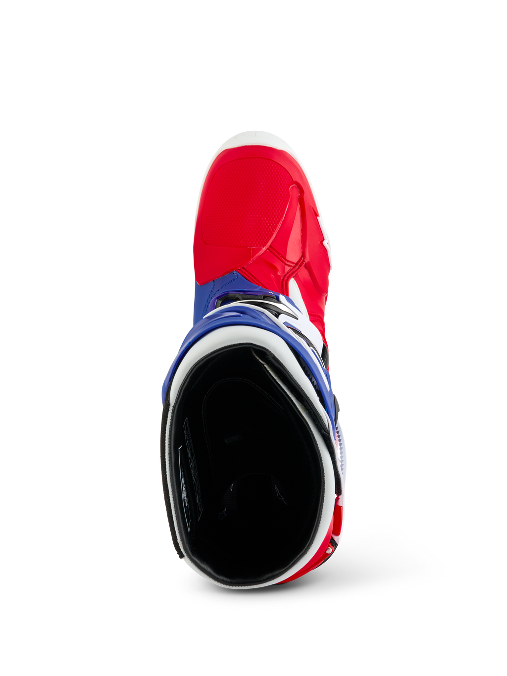 Alpinestars Limited Edition Fortitude Tech 10 Boot, Motocross Boot, Bright Red White and Blue, top-down view showing the red toe area and blue collar with black padded interior, durable off-road racing gear