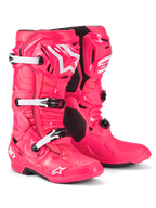 Alpinestars Tech 10-stövlar, motocross-stövlar, Diva Pink och vita, med en lätt kompositkonstruktion, trippelt spännsystem, TPU-skyddsskal och ikonisk stjärnlogotyp på skenben och tå, professionell racingutrustning för offroad.