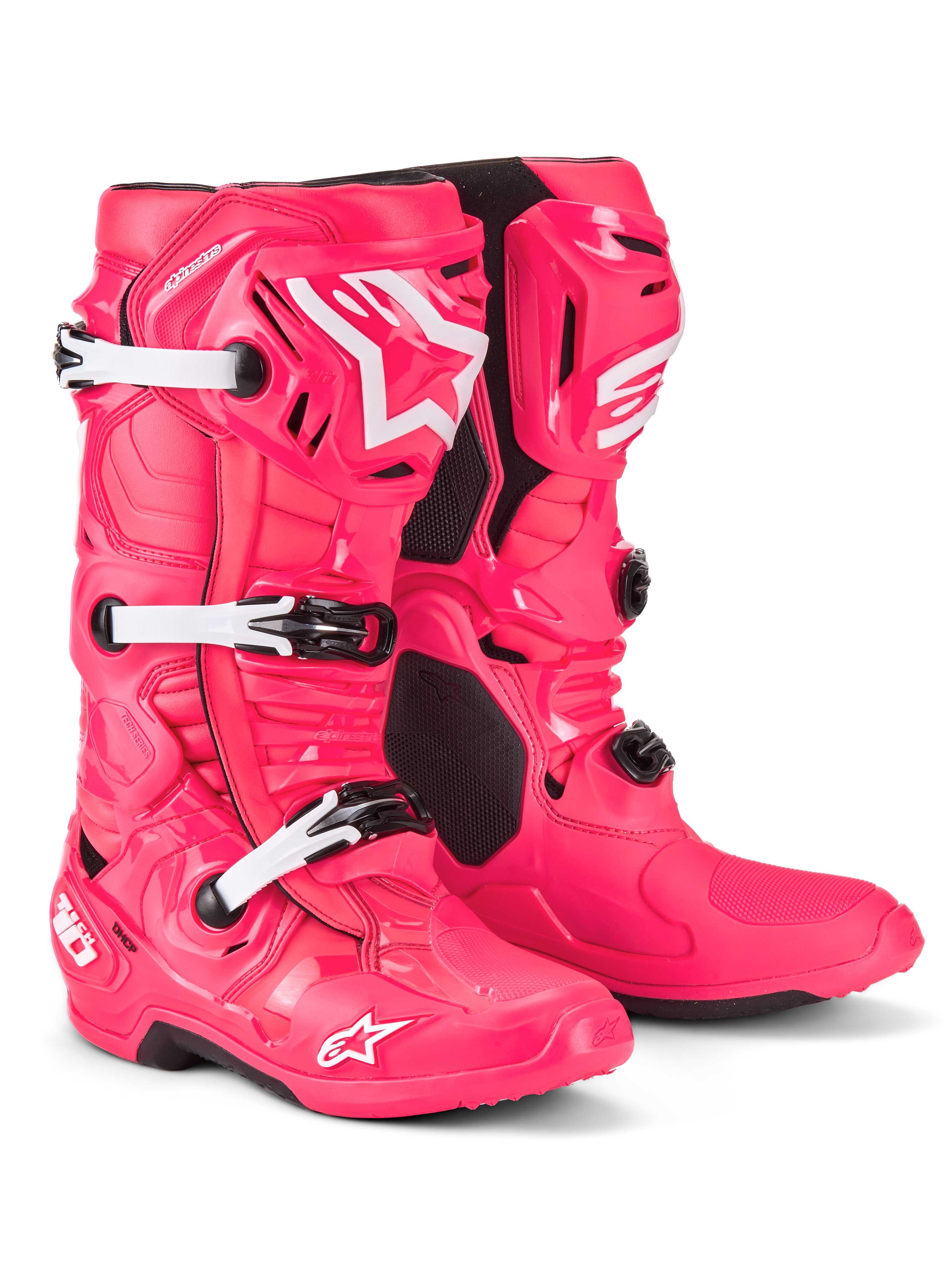 Alpinestars Tech 10-stövlar, motocross-stövlar, Diva Pink och vita, med en lätt kompositkonstruktion, trippelt spännsystem, TPU-skyddsskal och ikonisk stjärnlogotyp på skenben och tå, professionell racingutrustning för offroad.