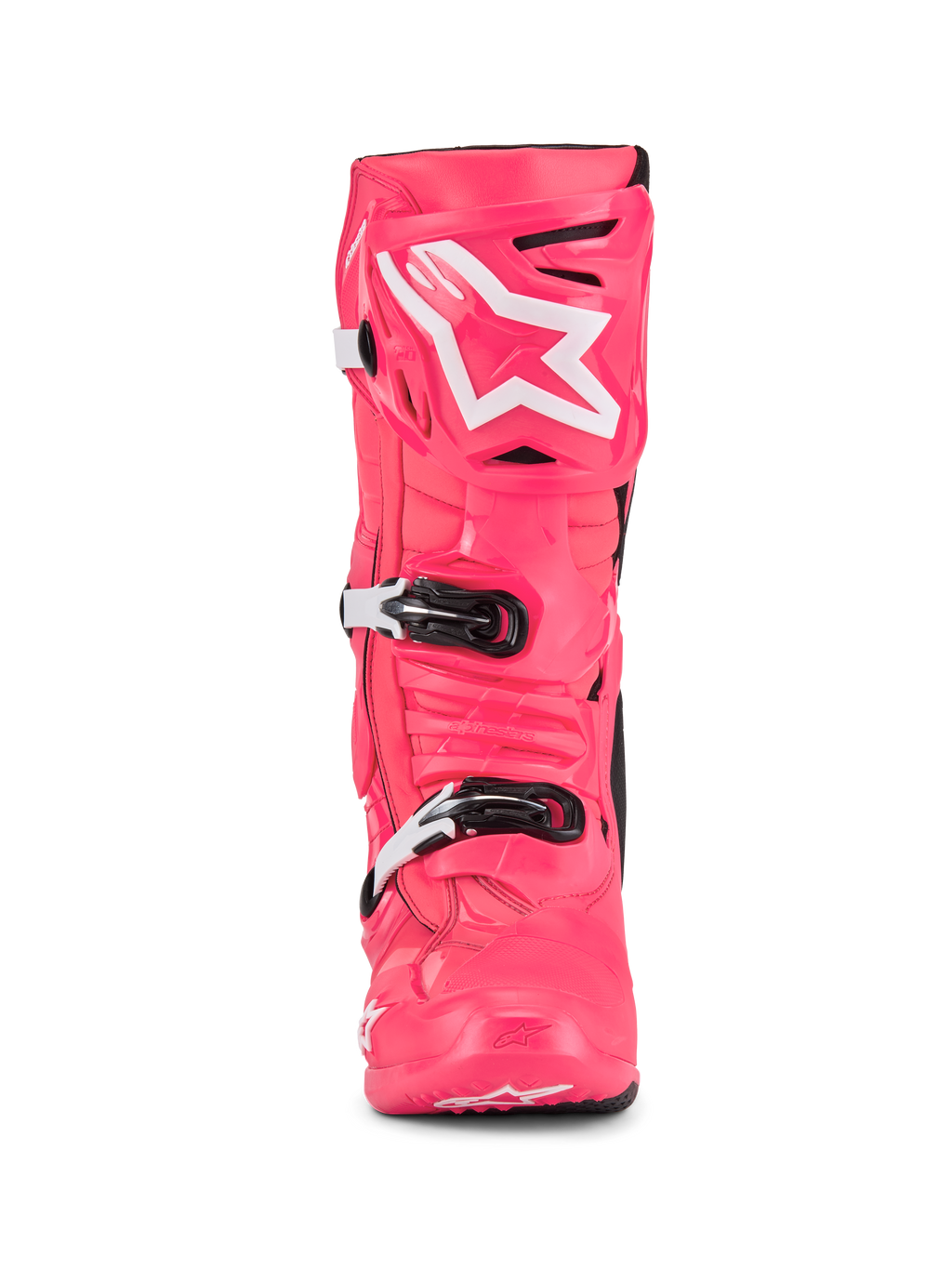 Alpinestars Tech 10-stövlar, motocross-stövlar, Diva Pink och vit, framifrån, med vit stjärnlogotyp på skenbensplattan, hållbart TPU-skal med svarta och vita spännen, professionella racingstövlar för terrängkörning