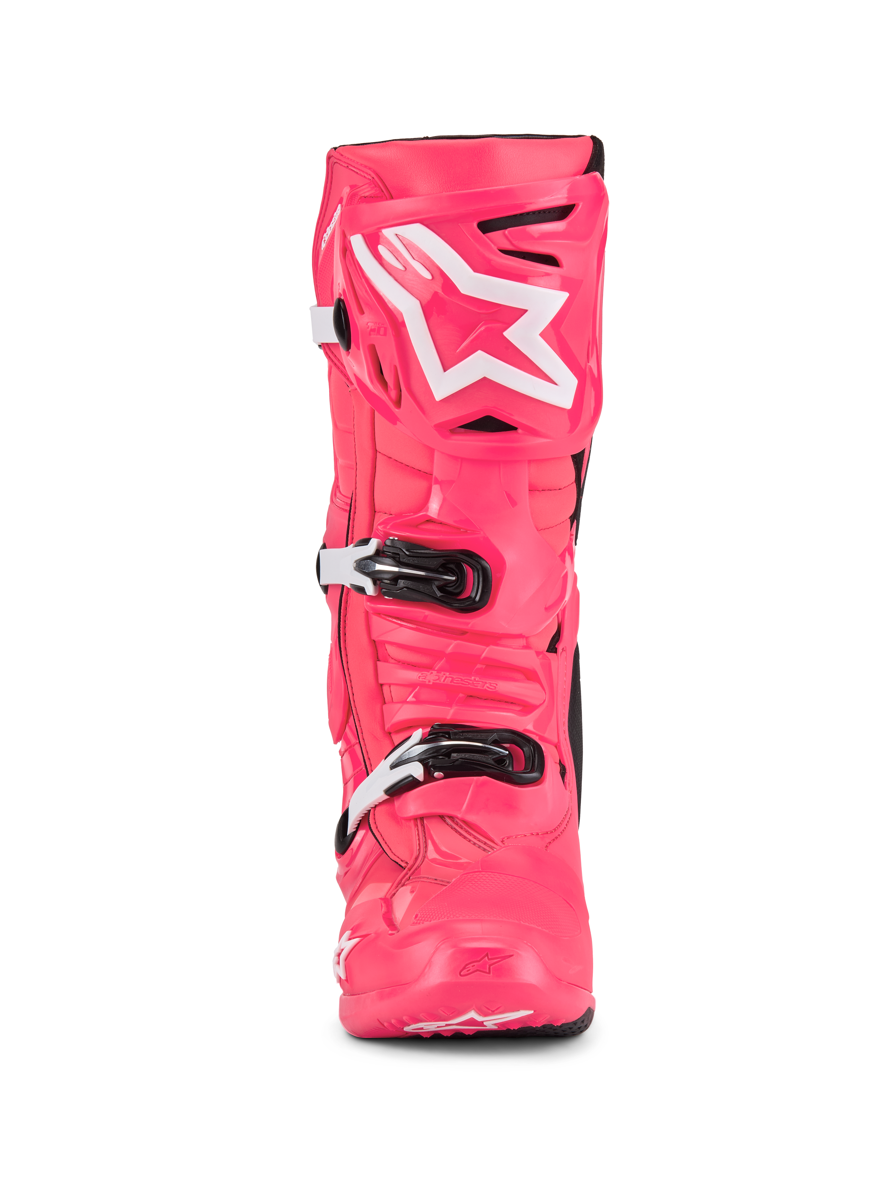 Alpinestars Tech 10-stövlar, motocross-stövlar, Diva Pink och vit, framifrån, med vit stjärnlogotyp på skenbensplattan, hållbart TPU-skal med svarta och vita spännen, professionella racingstövlar för terrängkörning