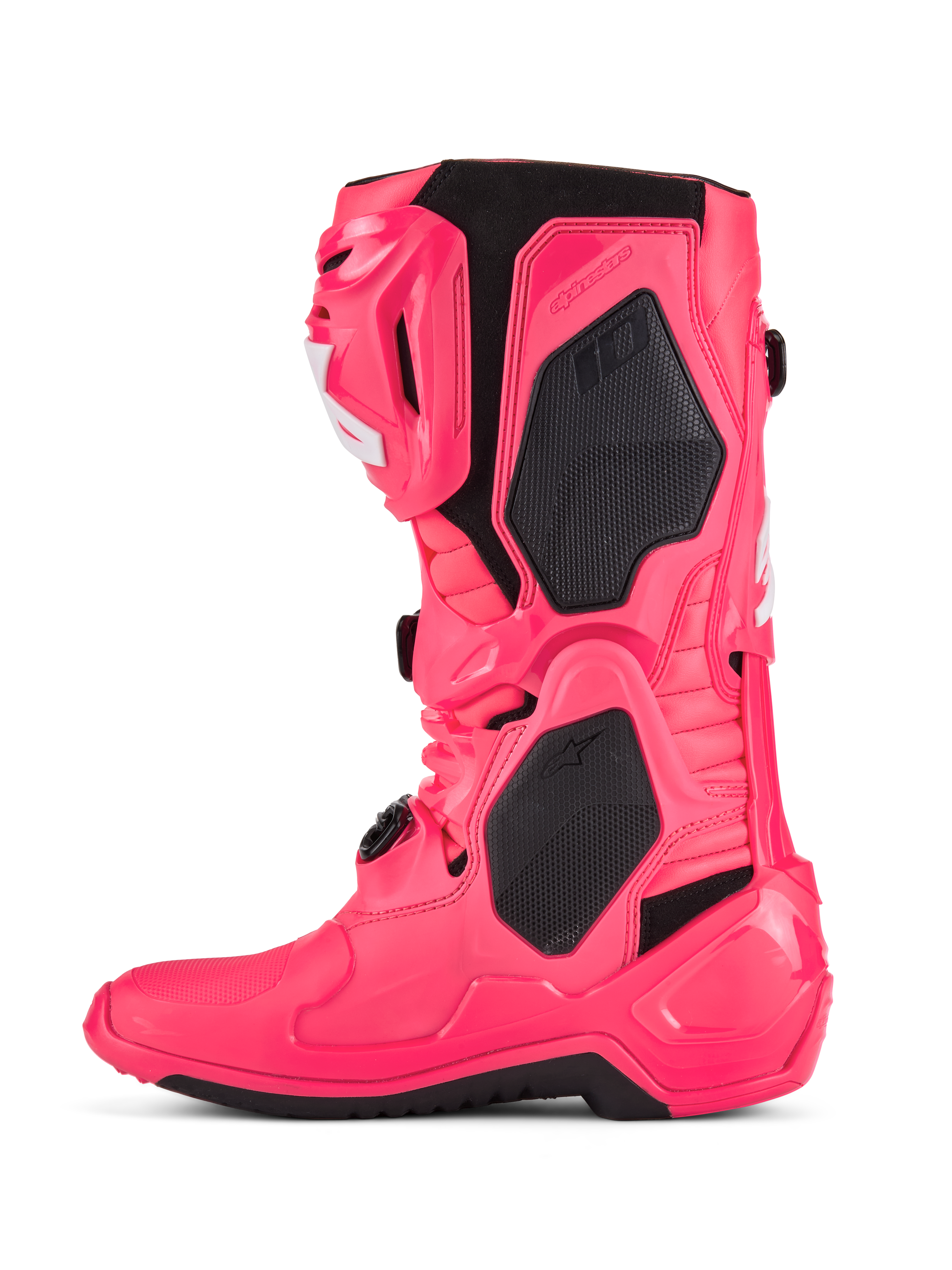 Alpinestars Tech 10-stövlar, motocross-stövlar, Diva-rosa och vita, med svarta TPU-skyddspaneler, ledad flex-ram och robust off-road-design