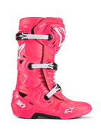 Alpinestars Tech 10-stövlar, motocross-stövlar, Diva Pink och vita, system med tre spännen, CE-certifierat skydd, texturerad kantig design med vita stjärnlogotyper och svart robust sula