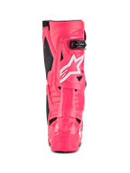 Alpinestars Tech 10-stövlar, motocross-stövlar, Diva Pink och vit, vy bakifrån med vit Alpinestars-stjärnlogotyp, svarta detaljer och strukturerat häl- och vadskydd, professionella skor för terrängkörning