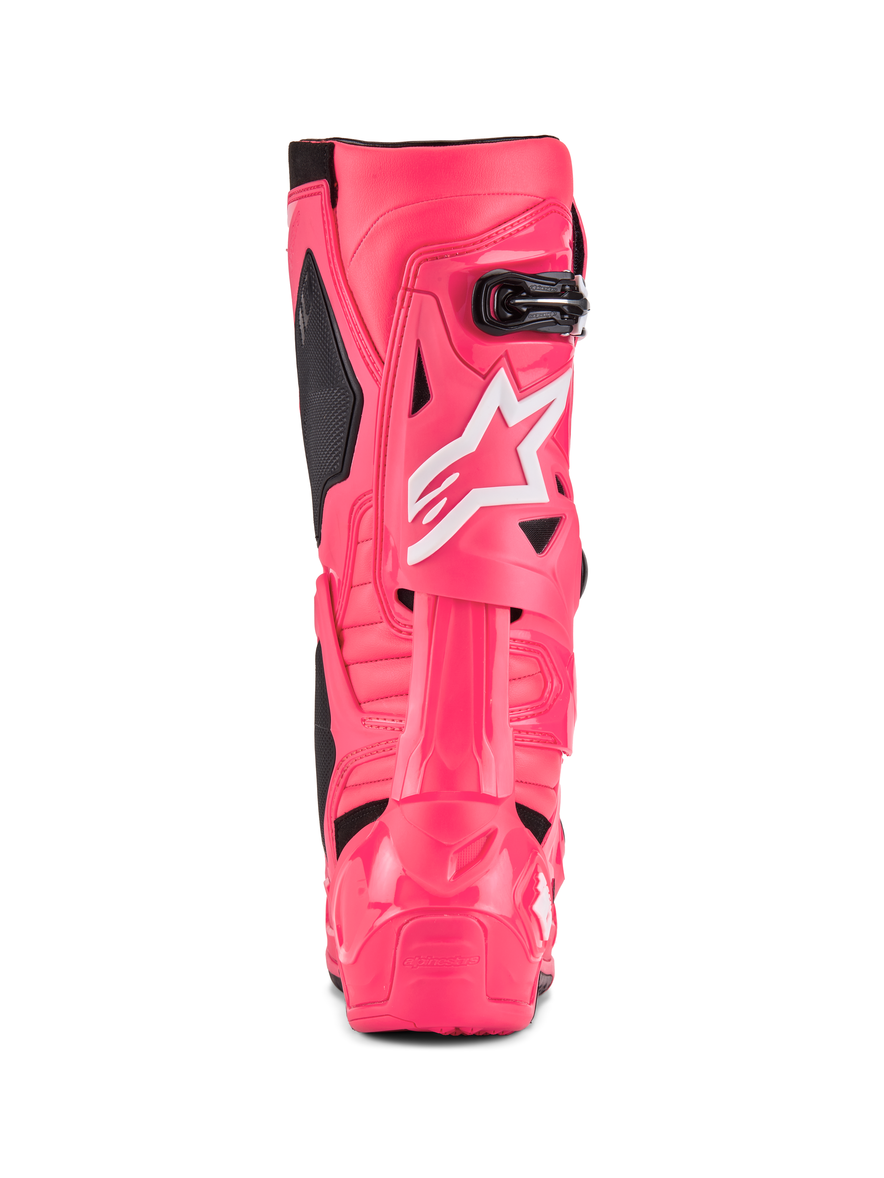 Alpinestars Tech 10-stövlar, motocross-stövlar, Diva Pink och vit, vy bakifrån med vit Alpinestars-stjärnlogotyp, svarta detaljer och strukturerat häl- och vadskydd, professionella skor för terrängkörning