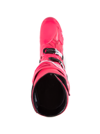 Alpinestars Tech 10-stövlar, motocross-stövlar, Diva Pink och vit, vy ovanifrån som visar det svarta innerfodret, rosa ytterskal med vita och svarta detaljer på spännena, högpresterande offroad-skor
