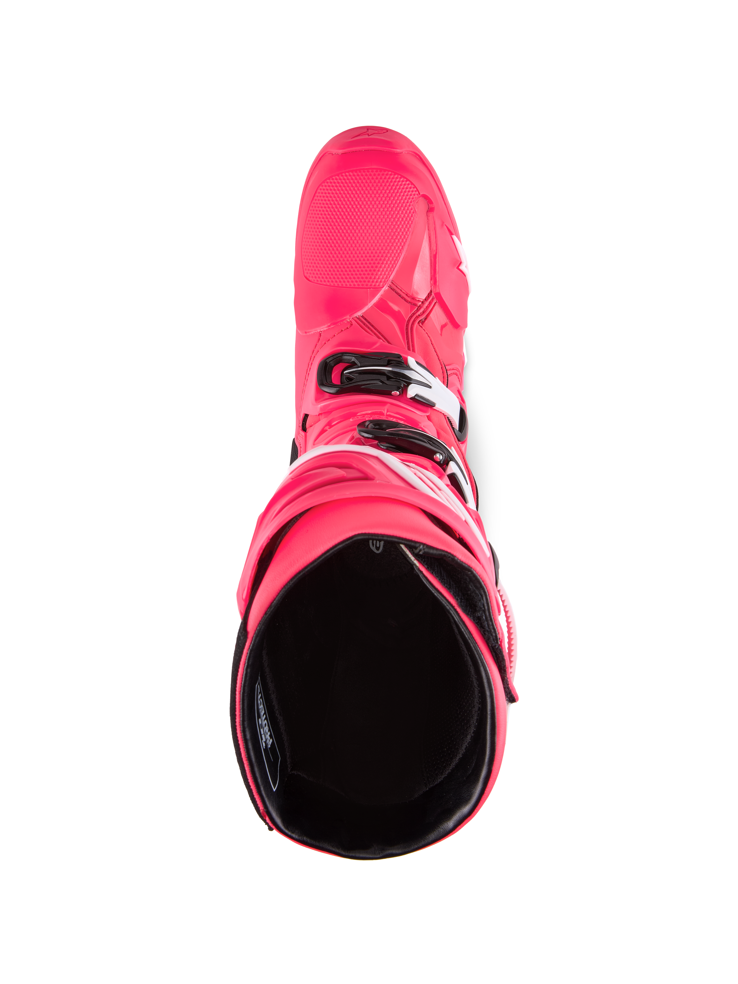 Alpinestars Tech 10-stövlar, motocross-stövlar, Diva Pink och vit, vy ovanifrån som visar det svarta innerfodret, rosa ytterskal med vita och svarta detaljer på spännena, högpresterande offroad-skor