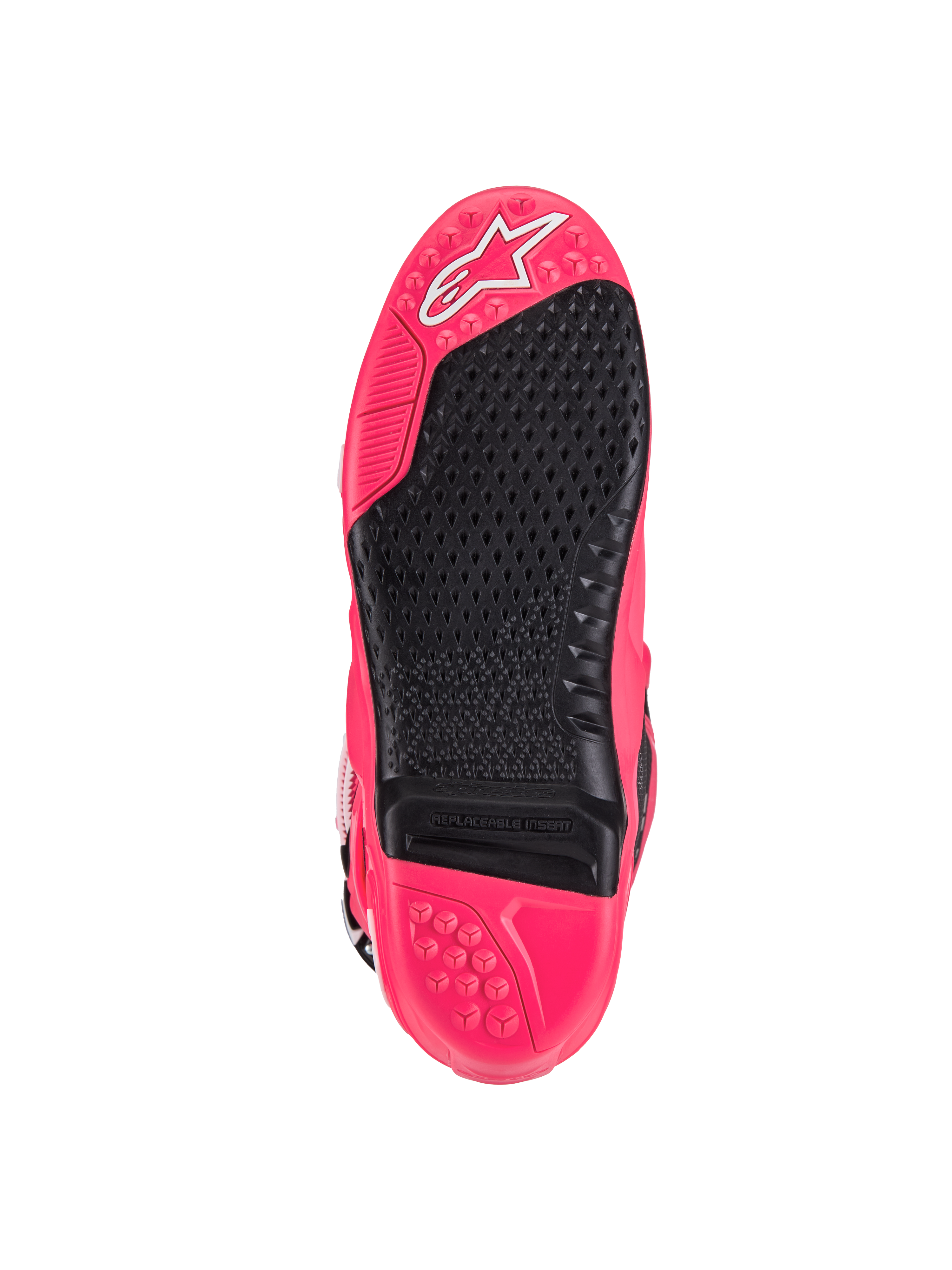 Alpinestars Tech 10-stövlar, motocross-stövlar, Diva Pink och svart, vy av undersulan med mönstrat grepp, utbytbar fotpinninsats och Alpinestars stjärnlogotyp, designade för överlägset grepp och hållbarhet