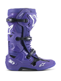 Alpinestars Tech 10 Boots, Motocross Off-Road Boots, Ultraviolet Purple with Black and White accents, featuring triple buckle closure, white star logos, Tech 10 branding on the heel, rugged sole, high-performance protective footwear
