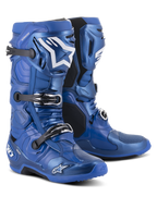 Alpinestars Tech 10-stövlar, motocross-stövlar, blå och svarta, med ett stängningssystem med tre spännen, vit Alpinestars-stjärnlogotyp på smalbenet, robust TPU-skal och förstärkt sula för terrängprestanda