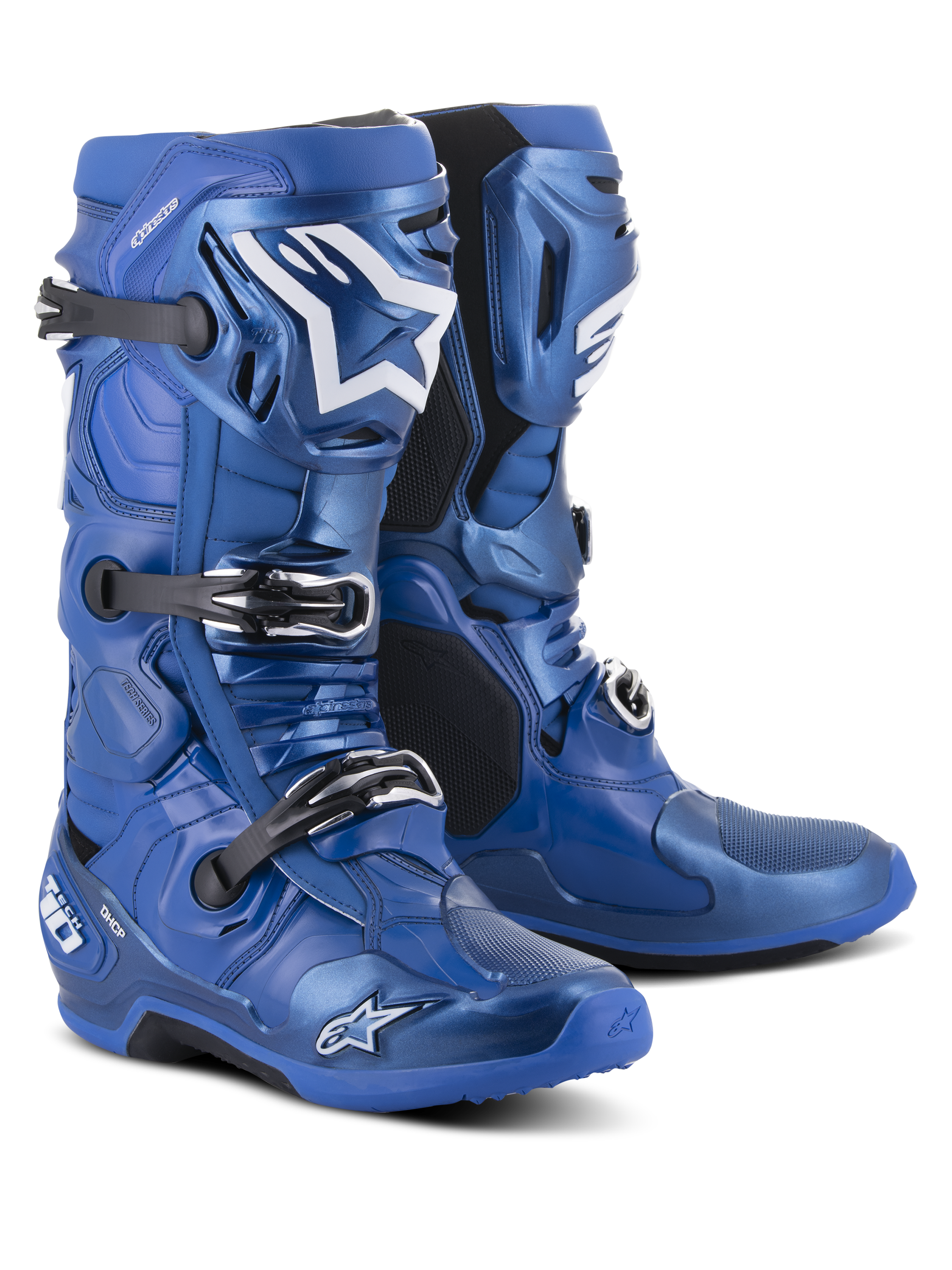 Alpinestars Tech 10-stövlar, motocross-stövlar, blå och svarta, med ett stängningssystem med tre spännen, vit Alpinestars-stjärnlogotyp på smalbenet, robust TPU-skal och förstärkt sula för terrängprestanda