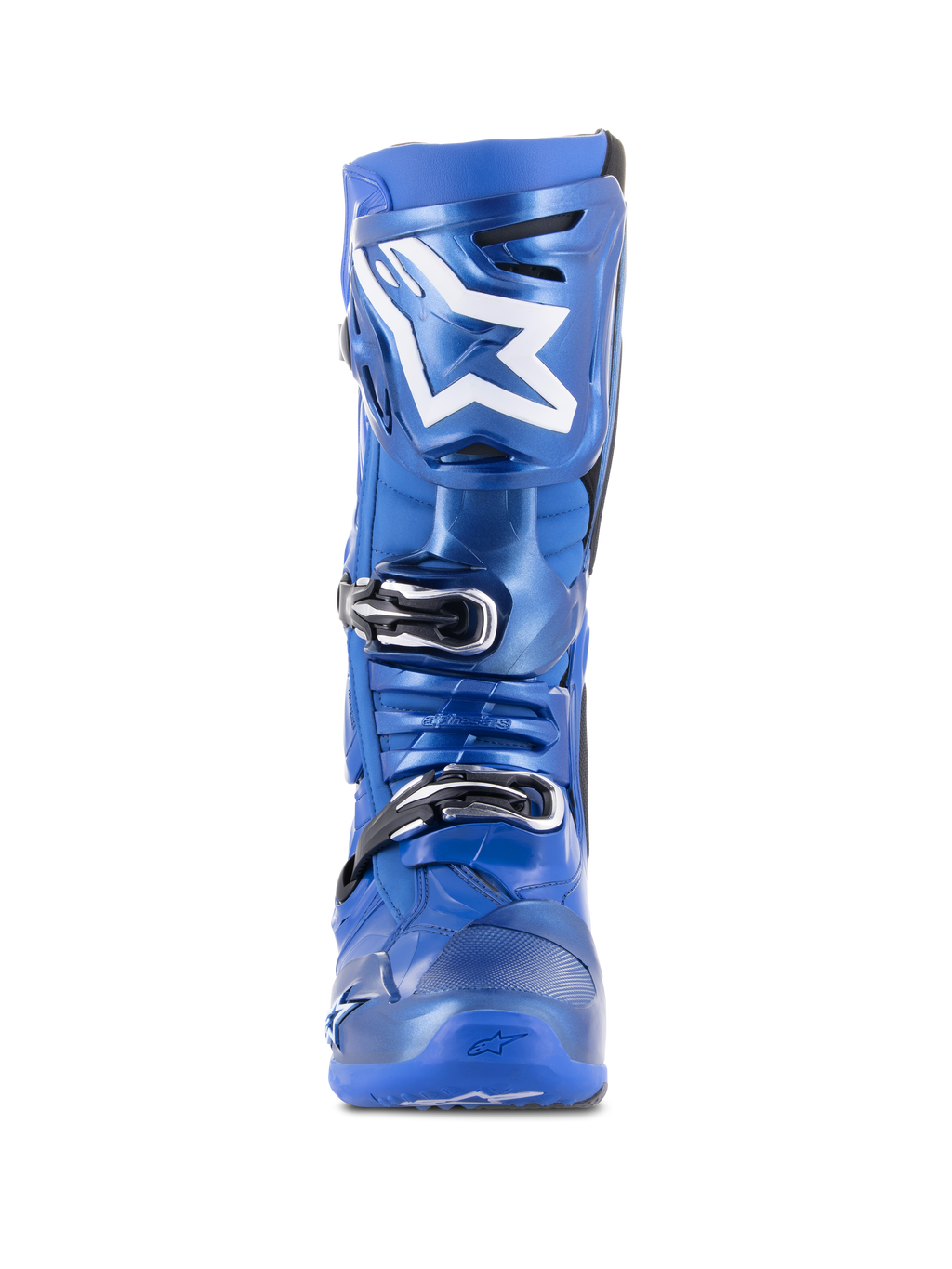 Alpinestars Tech 10 motocross-stövlar, blå och svarta, vy framifrån, med vit Astars-logotyp på skenbensplattan, trippelspännesystem i svart och silver, hållbar TPU-skalkonstruktion för offroad-prestanda