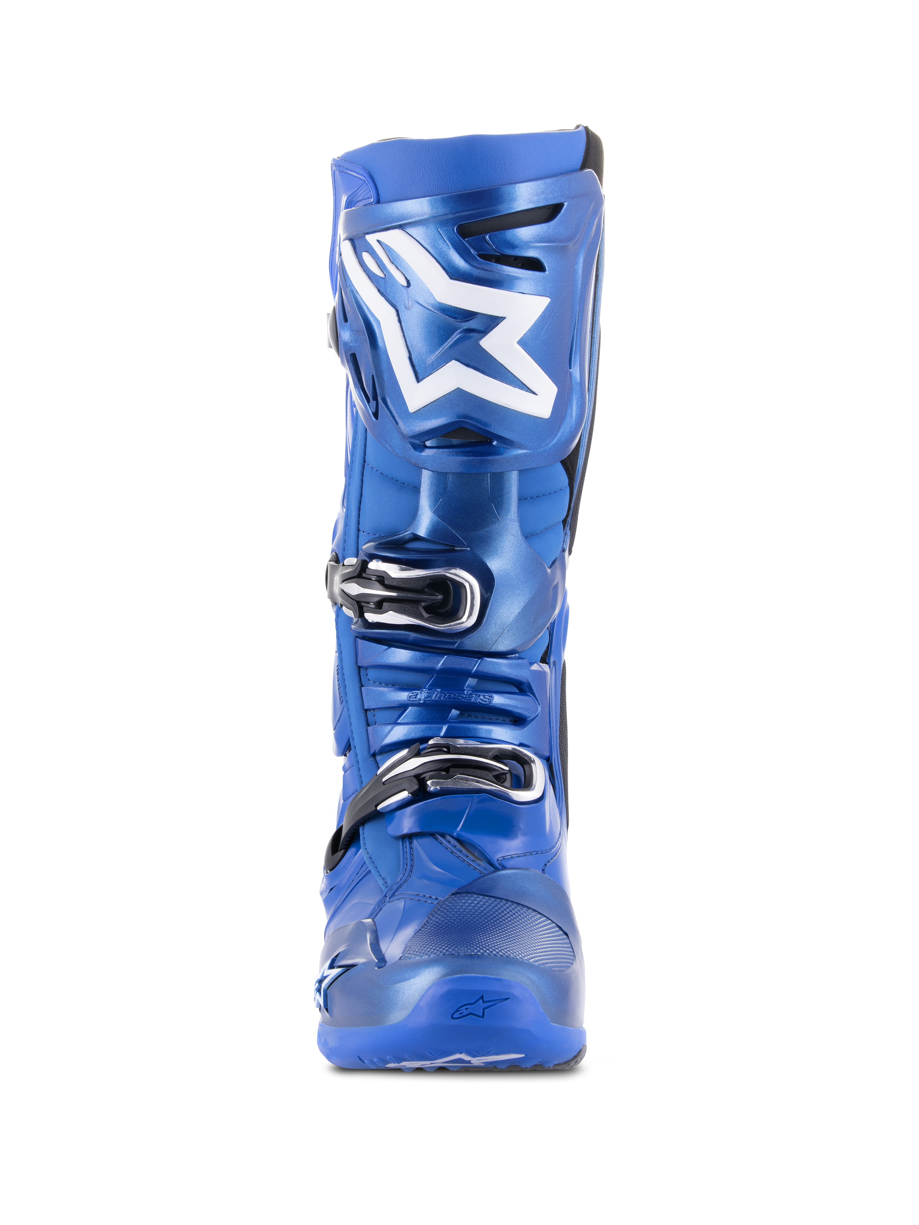 Alpinestars Tech 10 motocross-stövlar, blå och svarta, vy framifrån, med vit Astars-logotyp på skenbensplattan, trippelspännesystem i svart och silver, hållbar TPU-skalkonstruktion för offroad-prestanda
