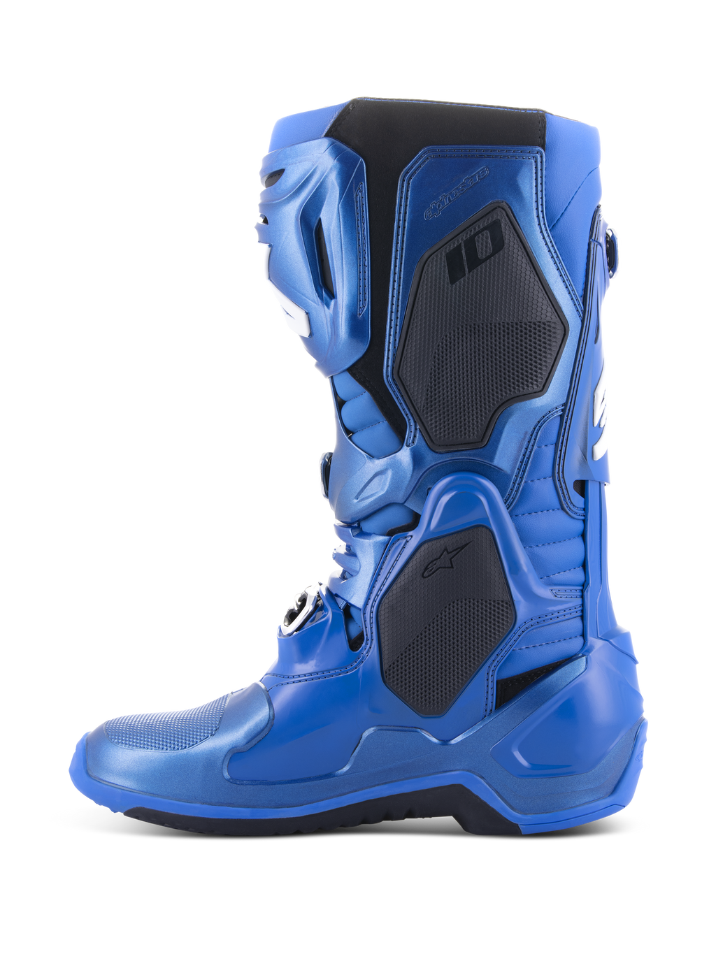 Alpinestars Tech 10 stövlar, motocrossstövlar, metallicblå och svart, sidoprofil som visar svarta skyddspaneler och metallicblå finish, avancerad teknisk design för professionell motocross