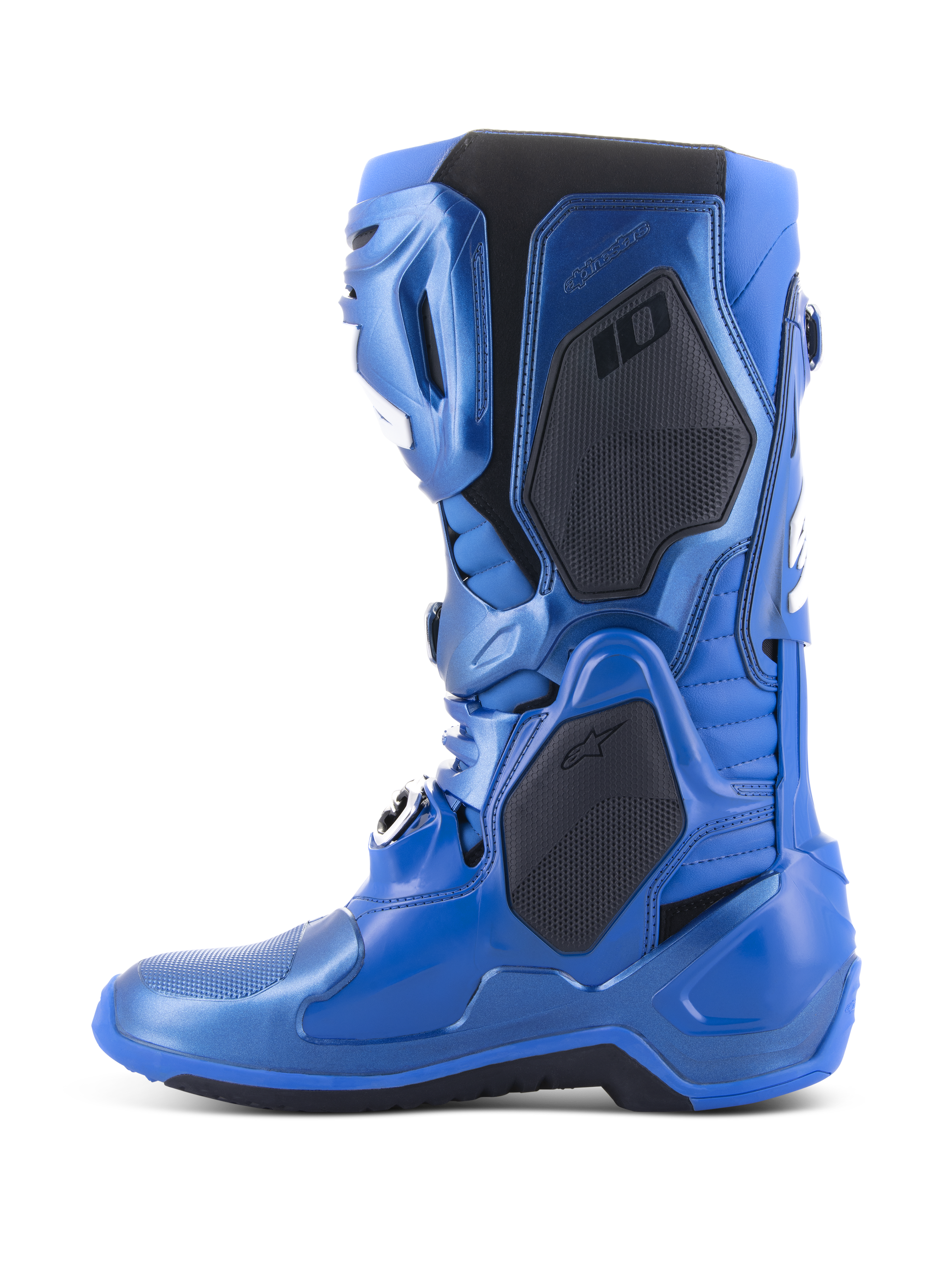 Alpinestars Tech 10 stövlar, motocrossstövlar, metallicblå och svart, sidoprofil som visar svarta skyddspaneler och metallicblå finish, avancerad teknisk design för professionell motocross