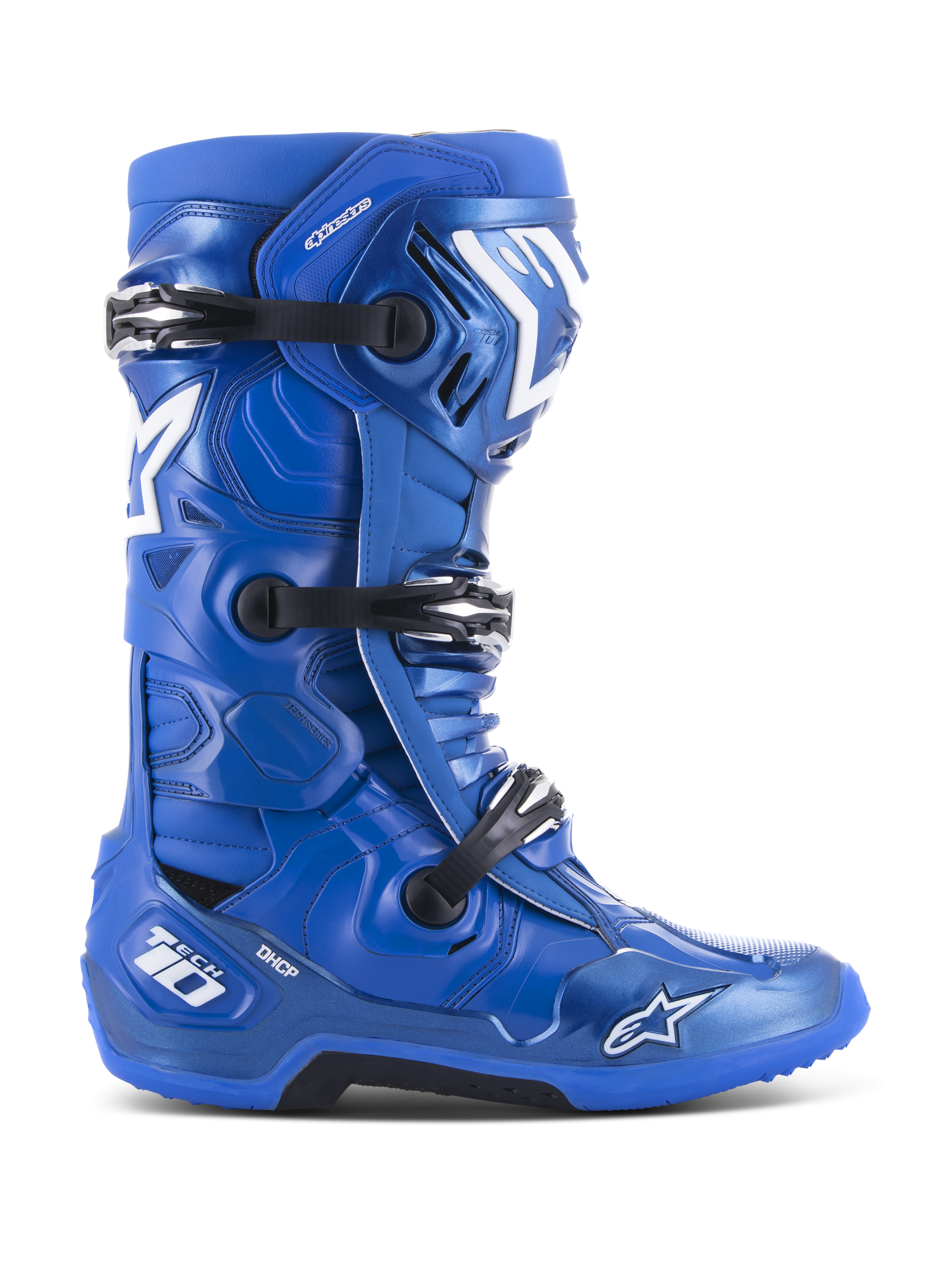 Alpinestars Tech 10 motocross-stövlar, blå med vita och svarta detaljer, sidoprofil, trippelspännesystem, DHCP-hälskydd, stjärnlogotyp och Tech 10-logotyp, robust sula med högt grepp, professionell racingutrustning för terrängkörning