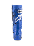 Alpinestars Tech 10-stövlar, blå och svarta, vy bakifrån med en vit stjärnlogotyp och spännesdetalj, högpresterande motocross-skor för terrängkörning