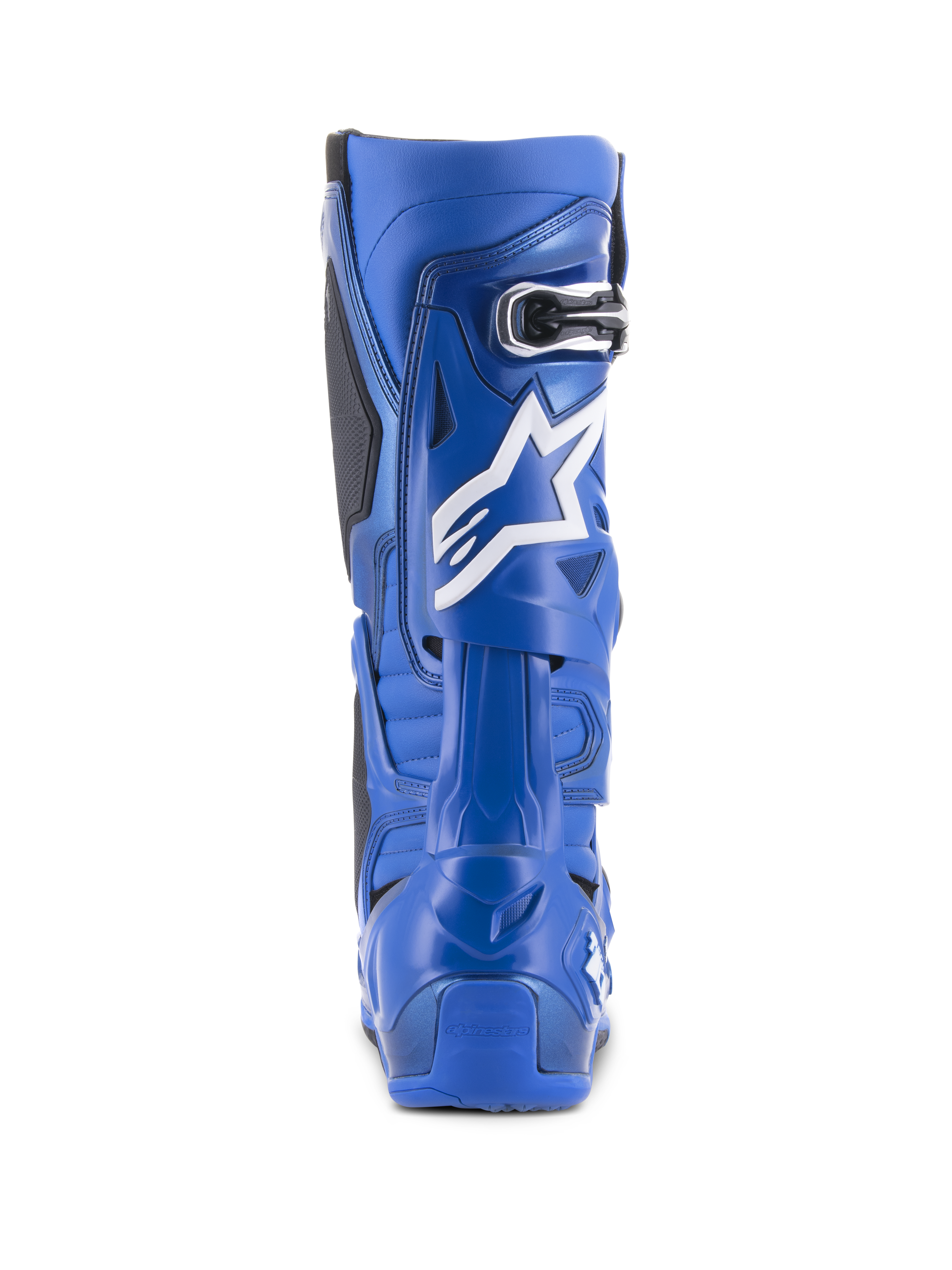 Alpinestars Tech 10-stövlar, blå och svarta, vy bakifrån med en vit stjärnlogotyp och spännesdetalj, högpresterande motocross-skor för terrängkörning