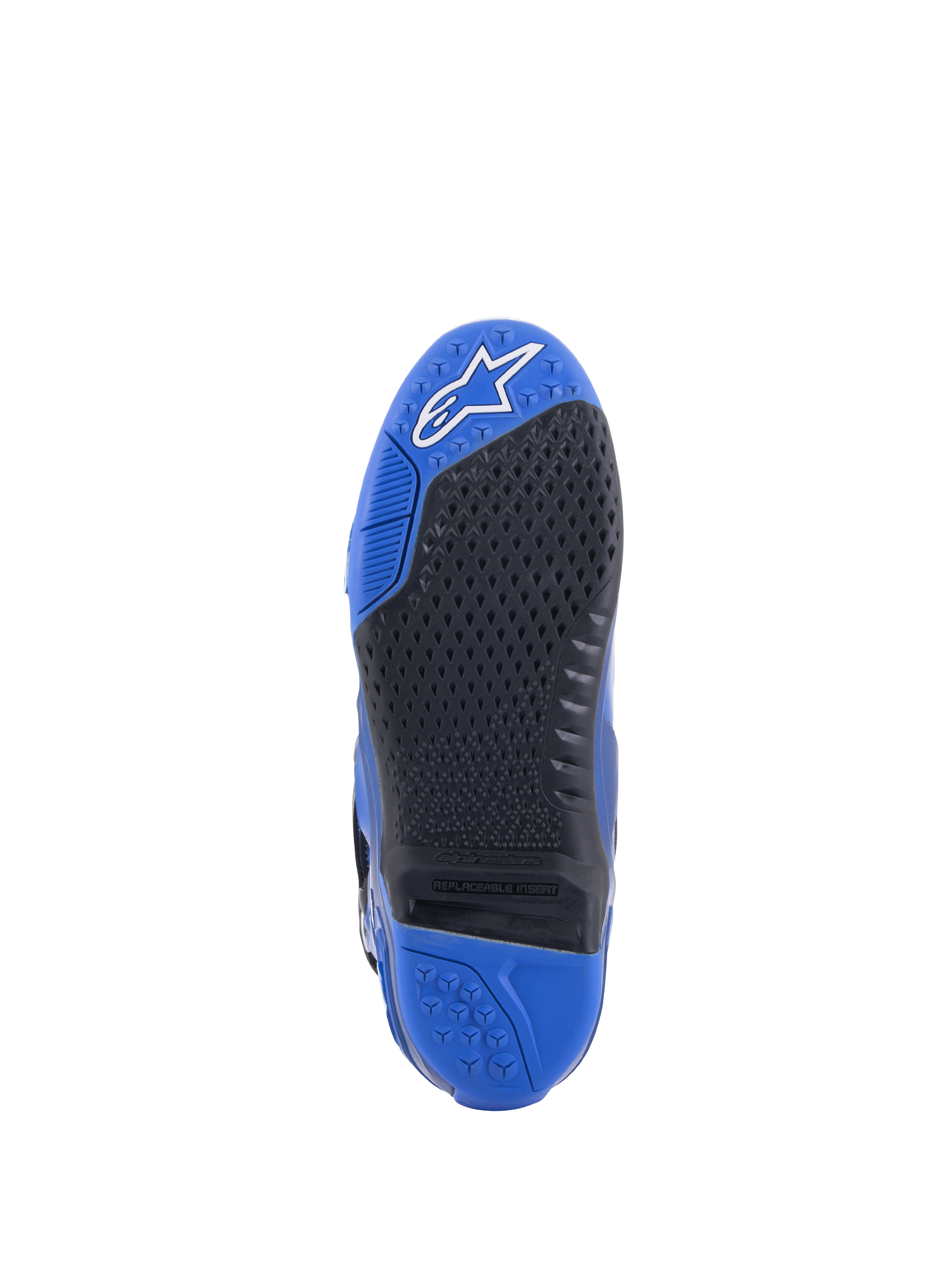 Alpinestars Tech 10-stövlar, blå och svarta, detaljerad vy av sulan med ett texturerat svart greppmönster och en utbytbar central insats, blå tå med vit logotyp och blå häl, högpresterande motocross-stöveldesign