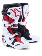 Alpinestars Tech 10-stövlar, motocrossstövlar, vita, svarta och klarröda, parvy som framhäver TPU-skyddsplattor, spännsystem och DHCP-hälstöd.