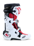 Alpinestars Tech 10-stövlar, motocross- och off-road-stövlar i vitt, svart och klarrött, sidovy med slitstarkt TPU-skal, spännsystem och Dynamic Heel Compression Protector (DHCP).