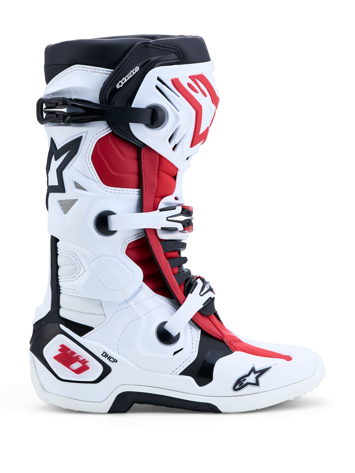 Alpinestars Tech-10 stövlar, motocross-stövlar i vitt, svart och klarrött, med DHCP-skydd och dubbelt pivotsystem.
