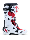 Alpinestars Tech-10 stövlar, motocross-stövlar i vitt, svart och klarrött, med DHCP-skydd och dubbelt pivotsystem.