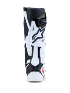 Alpinestars Tech 10-stövlar, motocross- och offroadracingstövlar, vita och svarta med röda detaljer, vy bakifrån som visar bakre TPU-blad för flexionskontroll och hälskydd.