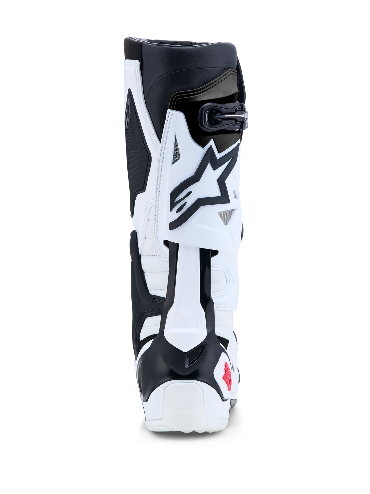 Alpinestars Tech 10-stövlar, motocross- och offroadracingstövlar, vita och svarta med röda detaljer, vy bakifrån som visar bakre TPU-blad för flexionskontroll och hälskydd.