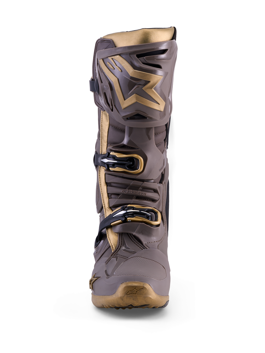 Alpinestars Tech 10 Air Gold motocross-stövel i Earth Brown Gold med TPU-skydd och metalliska gulddetaljer.
