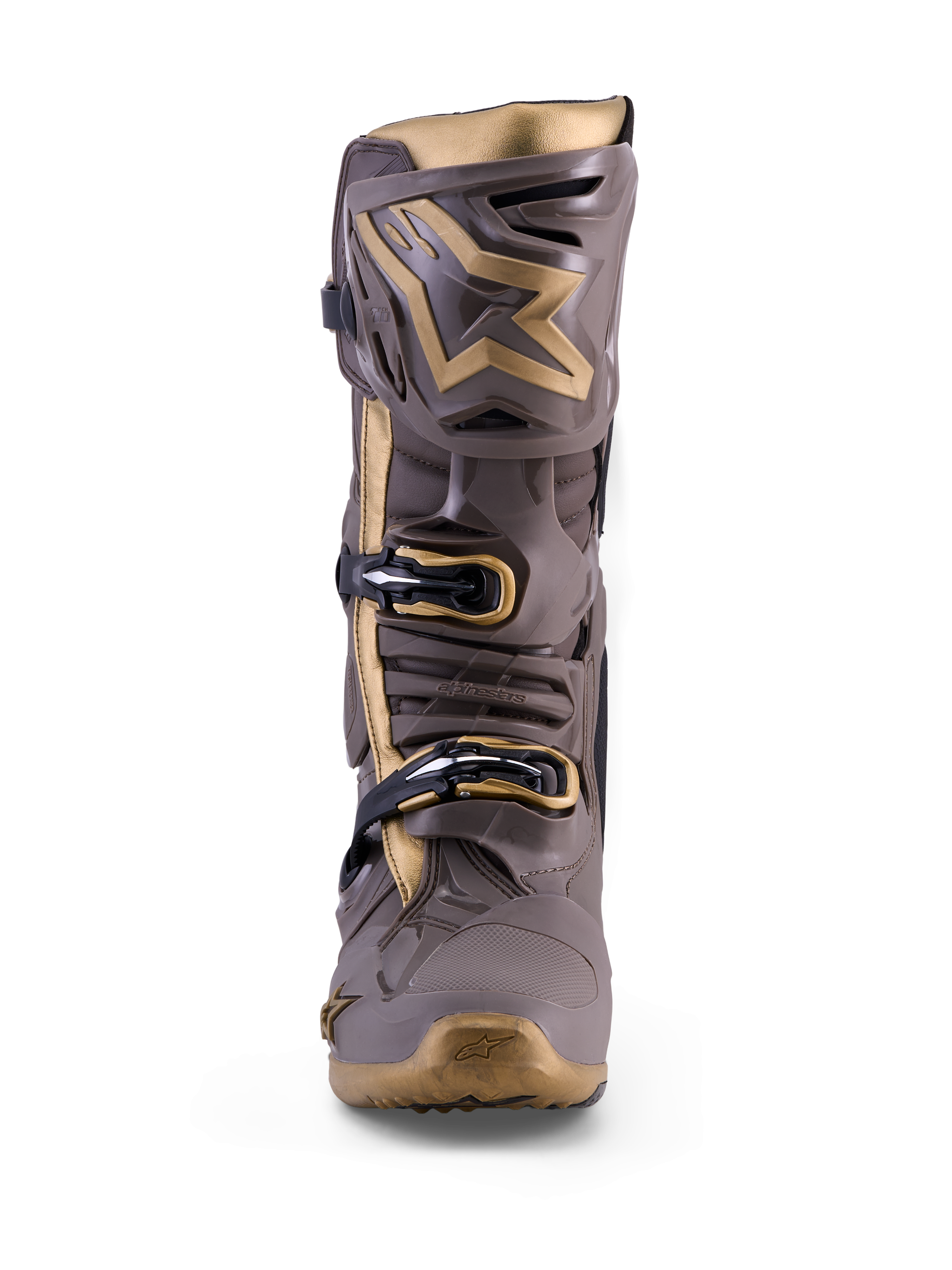 Alpinestars Tech 10 Air Gold motocross-stövel i Earth Brown Gold med TPU-skydd och metalliska gulddetaljer.