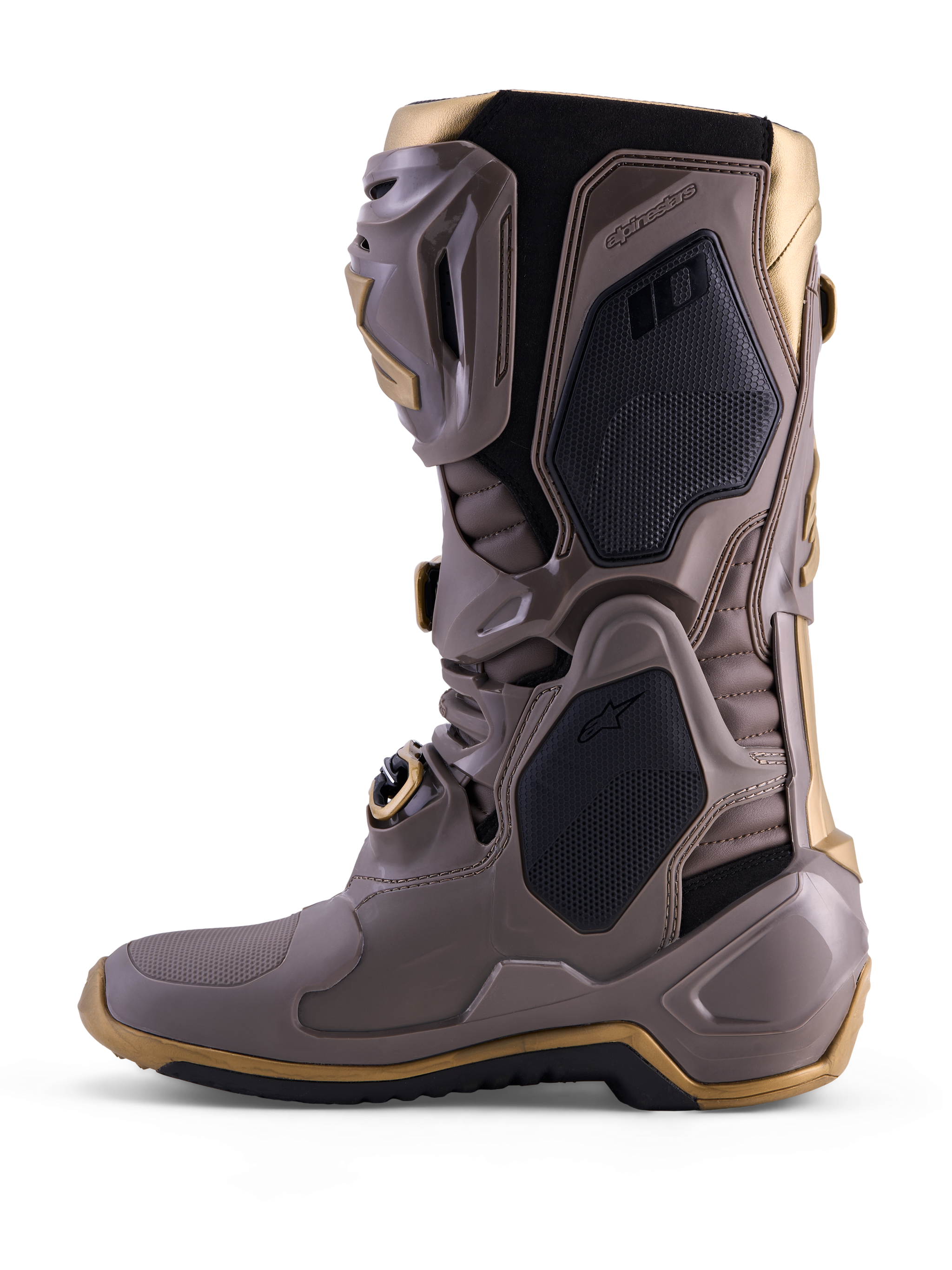 Alpinestars Tech 10 Air Gold motocross-stövlar i Earth Brown Gold med skyddande TPU-skal och guldiga detaljer.