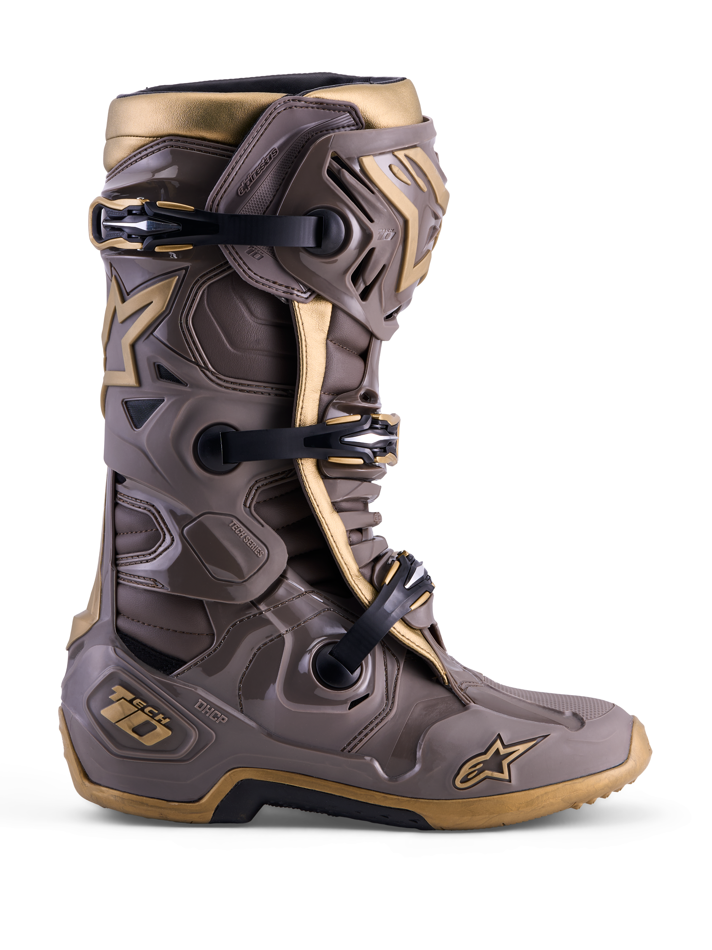 Alpinestars Limited Edition Tech 10 Air Gold motocross-stövel, Earth Brown Gold med ett skyddande TPU-skal.