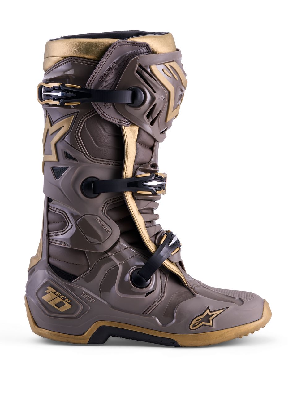 Alpinestars Limited Edition Tech 10 Air Gold motocross-stövel, Earth Brown Gold med ett skyddande TPU-skal.