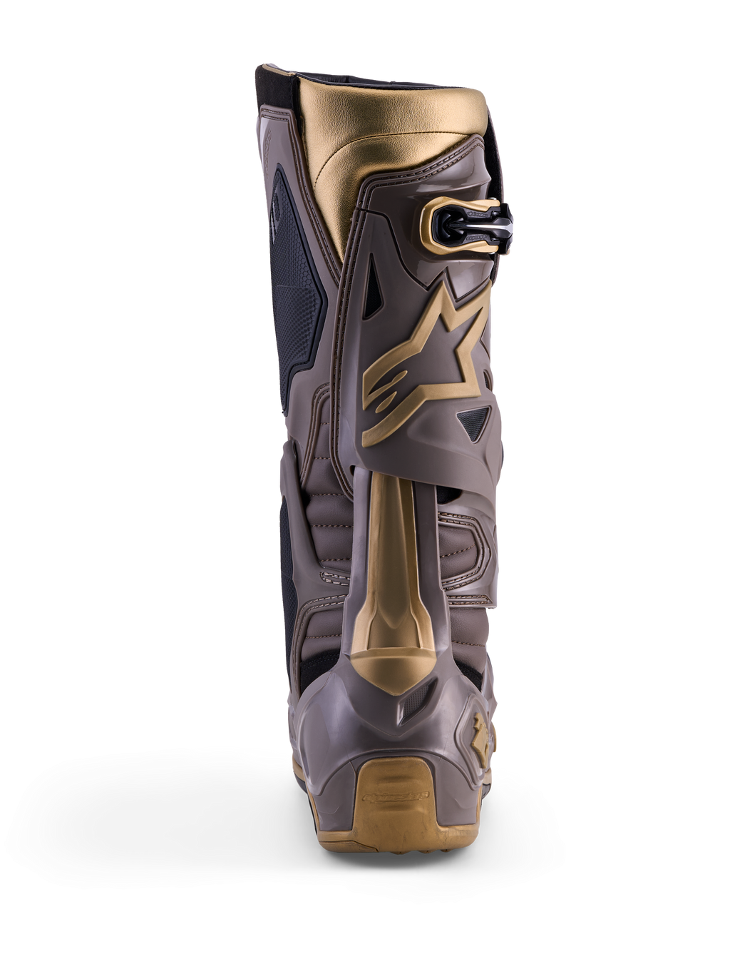 Alpinestars Tech 10 Air Gold motocrossstövlar, vy bakifrån i Earth Brown Gold med TPU-skal och gulddetaljer.