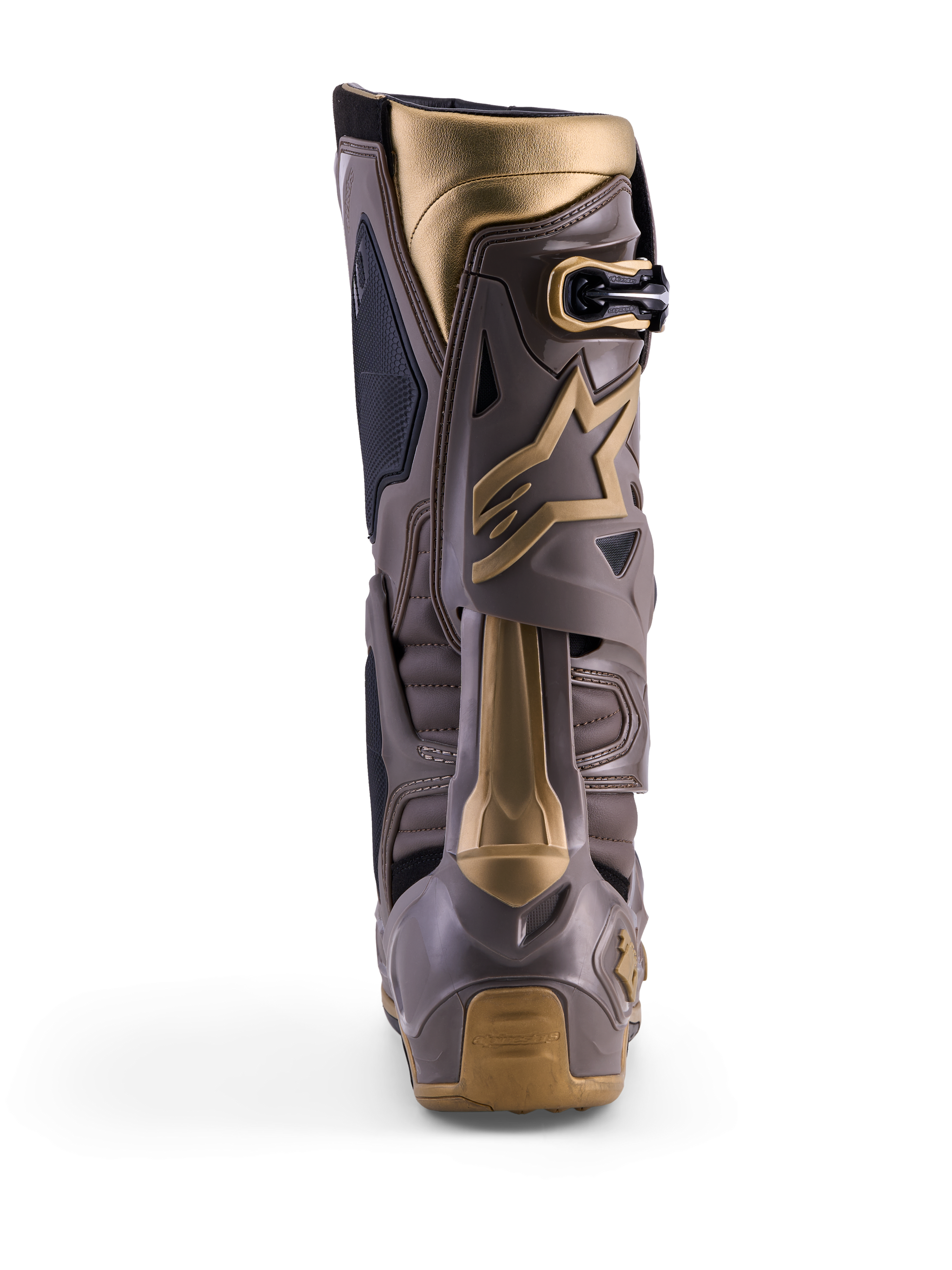 Alpinestars Tech 10 Air Gold motocrossstövlar, vy bakifrån i Earth Brown Gold med TPU-skal och gulddetaljer.