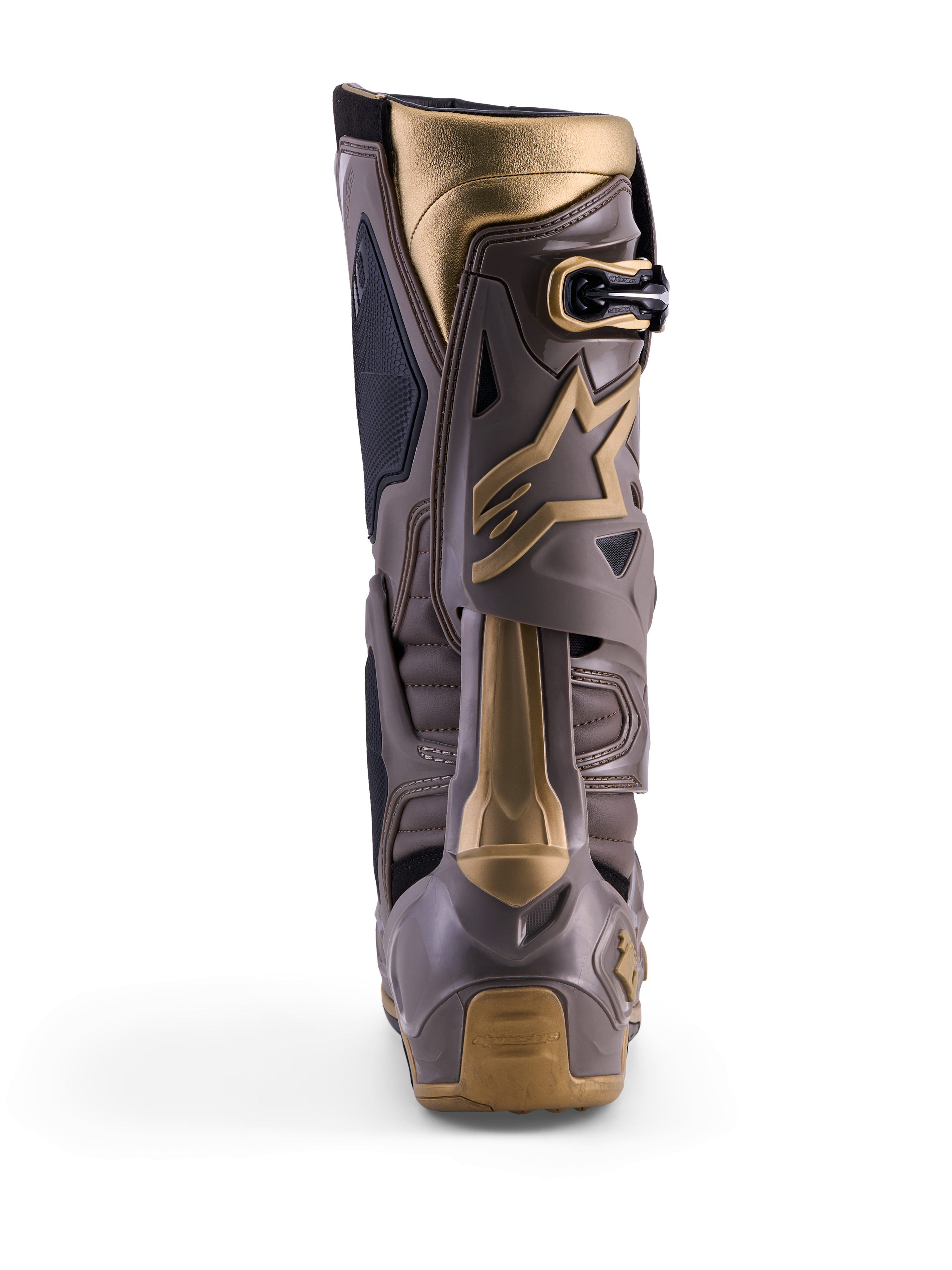Alpinestars Tech 10 Air Gold motocrossstövlar, vy bakifrån i Earth Brown Gold med TPU-skal och gulddetaljer.