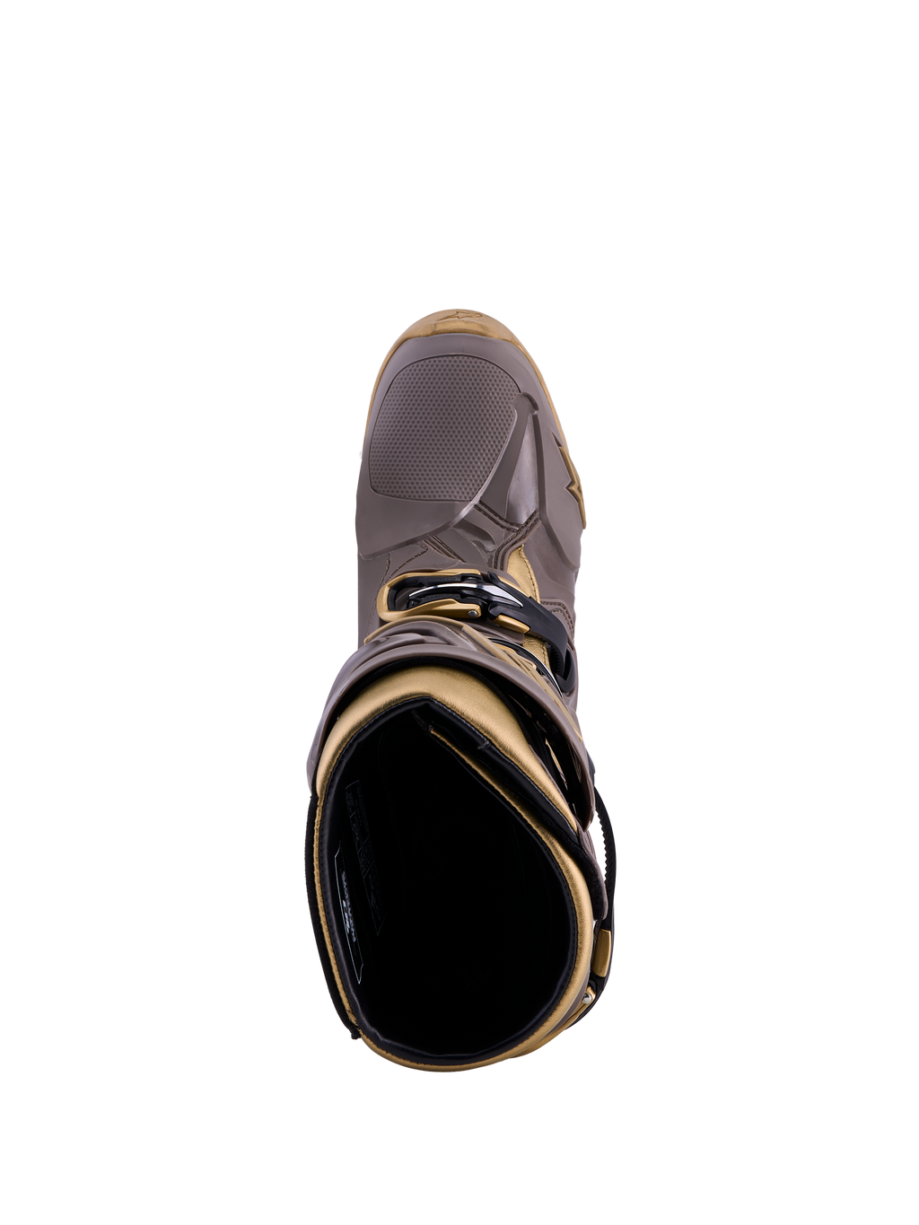 Alpinestars Tech 10 Air Gold-stövlar i Earth Brown Gold, vy uppifrån som visar TPU-skalet och innerfodret.
