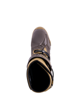 Alpinestars Tech 10 Air Gold-stövlar i Earth Brown Gold, vy uppifrån som visar TPU-skalet och innerfodret.